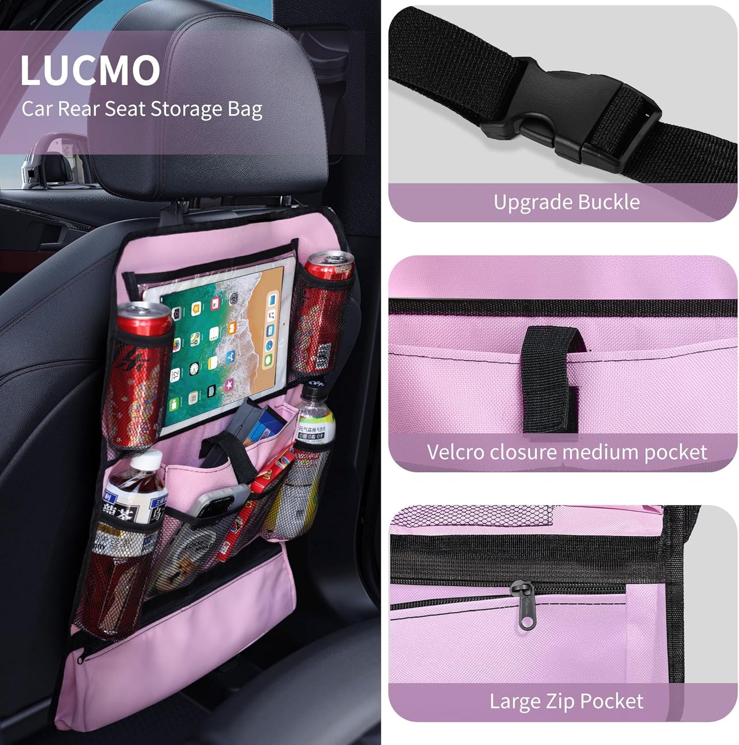 LUCMO Car Backseat Organizer with Touch Screen Tablet Holder-2 Pcs,9 Storage Pockets Car Storage Organizer Protectors Kick Mats Travel Accessories for Kids-Pink