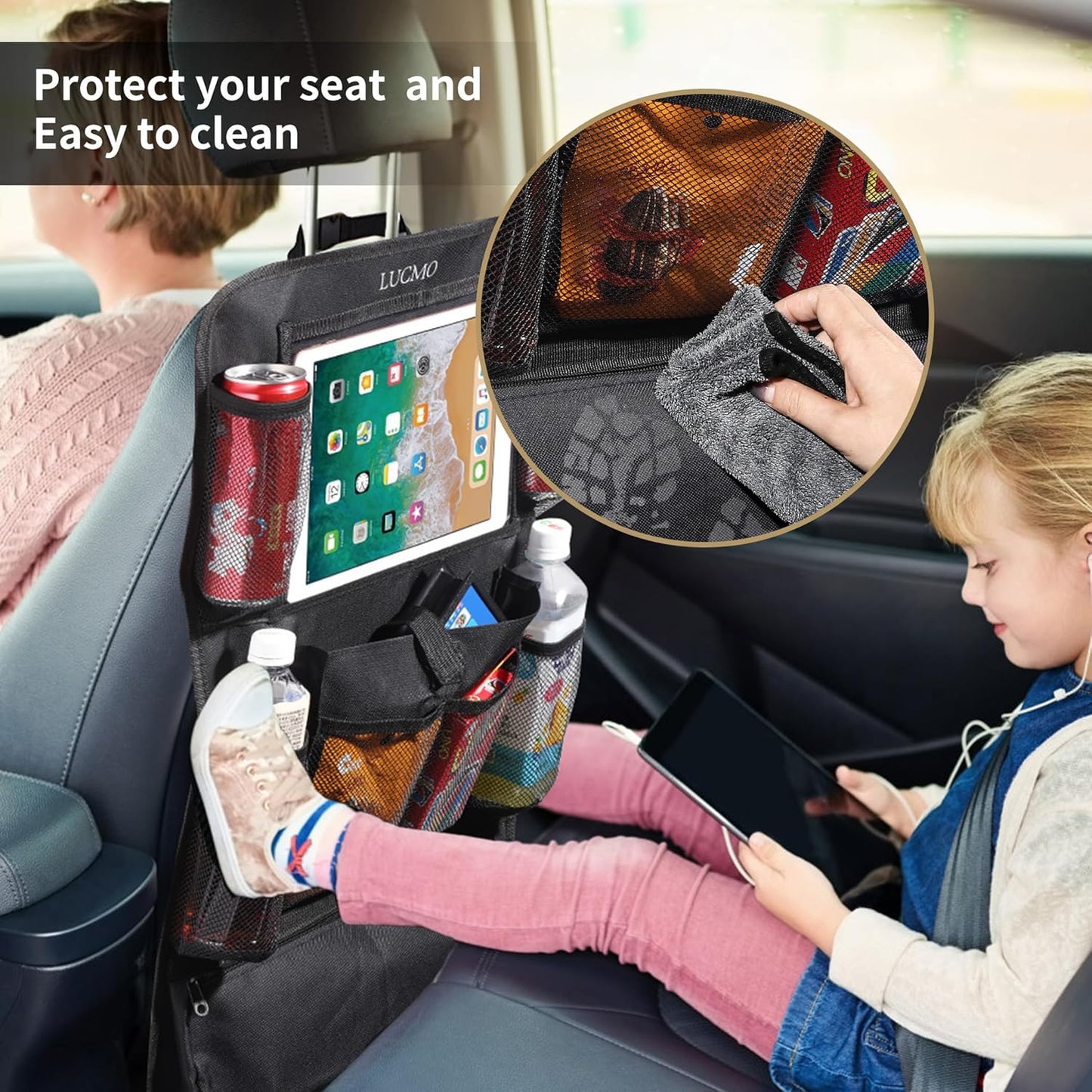 LUCMO Car Backseat Organizer with Touch Screen Tablet Holder-2 Pcs,9 Storage Pockets Car Storage Organizer, Protectors Kick Mats Travel Accessories for Kids-Black