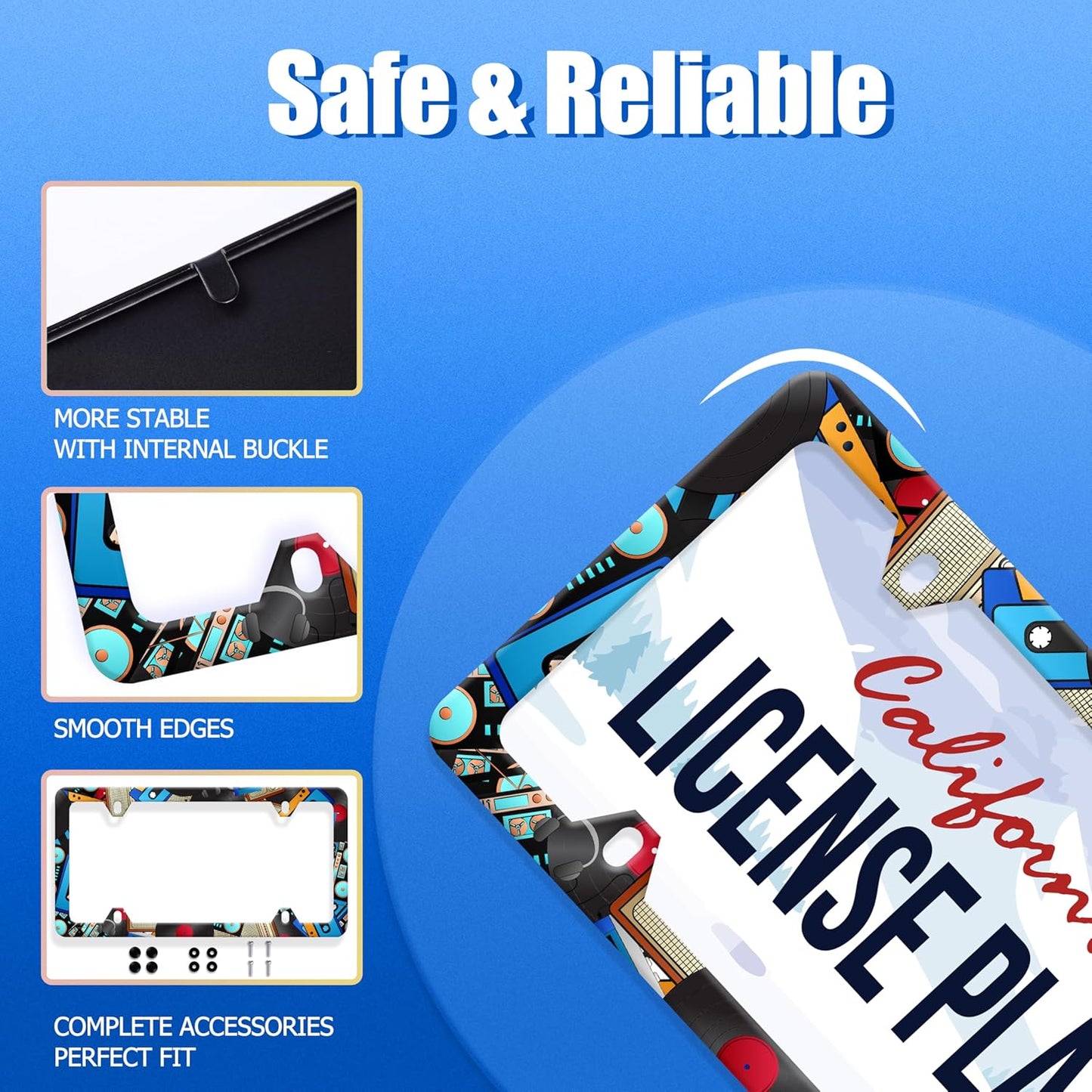 Music License Plate Frame Retro Music Cassettes License Plate Stainless Steel Funny License Plate Holder Men Women Colorful Music Car Accessory Decoration 12.3" x 6.3"