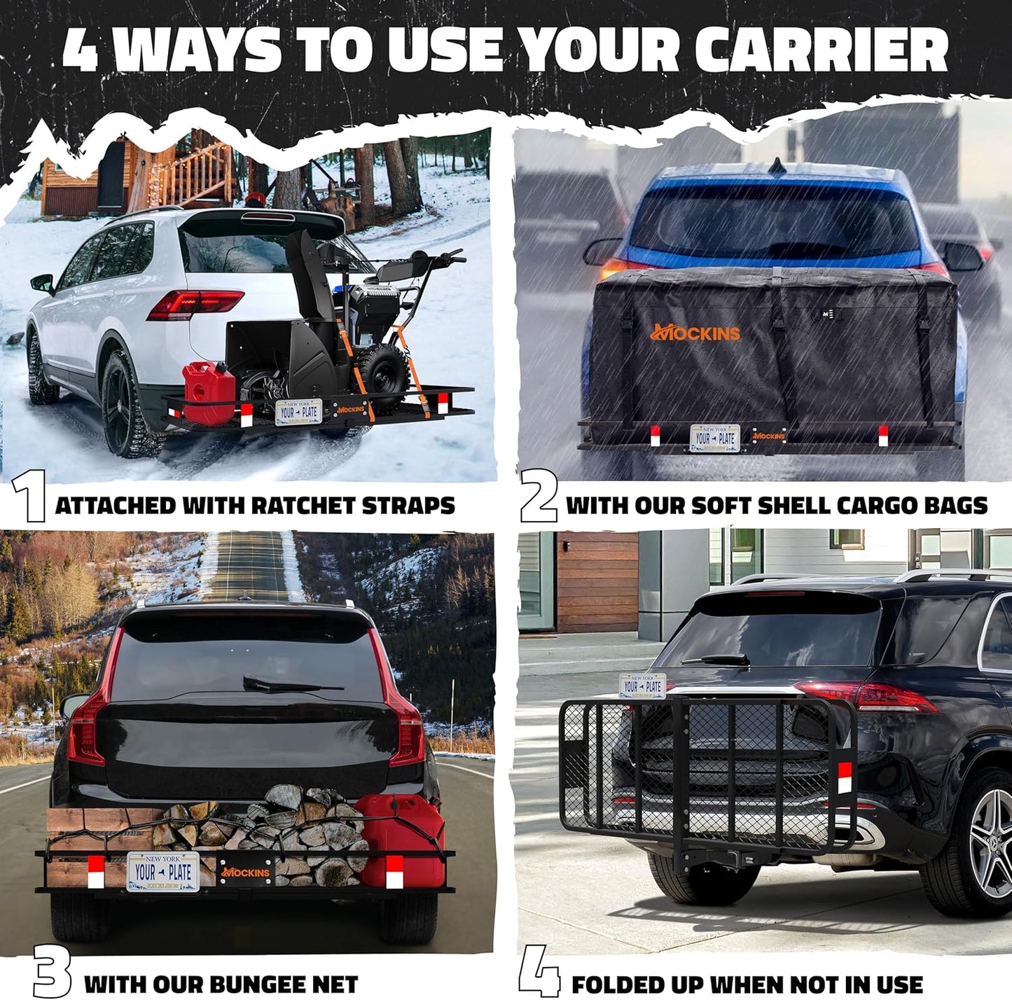Mockins 60"x20"x6" Heavy Duty Trailer Hitch Cargo Carrier w/License Plate Holder & 16 Cu.Ft. Waterproof Cargo Bag for Hitch Carrier | All-Weather 500 Lbs. Cap Folding Luggage Rack for SUV Car & Truck