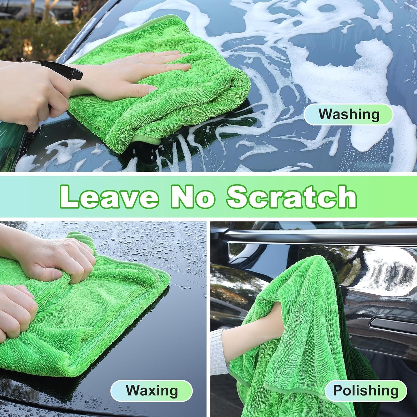 JOYMOOP Car Dry Towel, Quick Drying, Medium Size, Microfiber Cleaning Cloth, Green, 35.4 x 23.6 Inches, 3 Pack for Boates, RVs, SUVs, Trucks, Cars