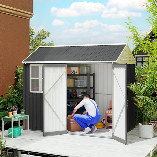 Outsunny 8' x 6' Outdoor Storage Shed, Metal Garden Shed with Window & Double Lockable Door, Outdoor Tool Shed Storage with Sloped Roof for Backyard, Patio, Garage, Lawn, Dark Gray