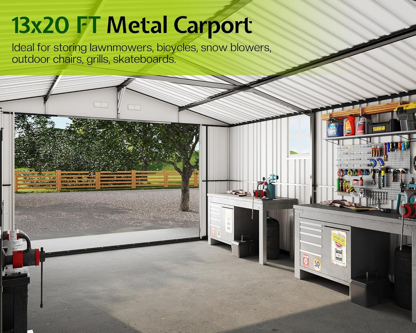 Jocisland 13.2x20.7x8 FT Heavy Duty Carport, Metal carport with 2 Lockable Doors & 4 Windows, Carport Canopy for for Truck, Car, Garbage Can, Tool, Lawnmower, Grey
