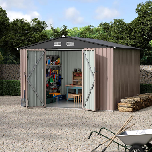 8x10 FT Metal Storage Sheds Outdoor with Floor, Metal ToolShed with Lockable Door, Metals Yard Sheds Metals Garden Shed Kit, MetalUtility Sheds Buildings with Air Vent for Backyard Garden Patio Lawn