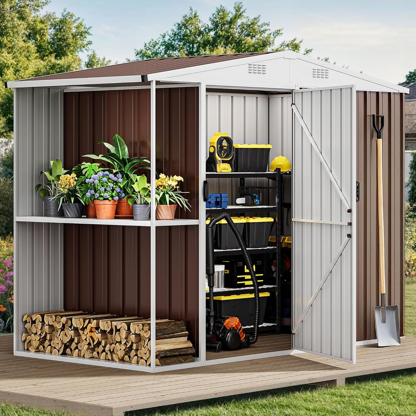 DWVO 8 x 4 ft Outdoor Storage Shed with 2-Tier Shelf, Metal Tool Shed & Garden Storage Cabinet for Backyard, Patio, Equipment & Bike, Brown