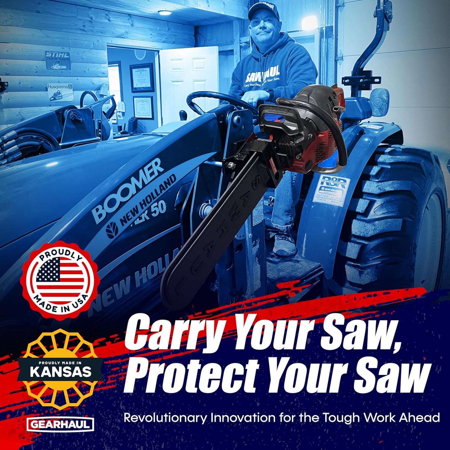 SawHaul Snap-Lok Universal Chainsaw Carrier Kit for Tractors and Skid Steers – 36 Inch Black Scabbard with Rotating Mount – Compatible with All Chainsaw Brands – Made in USA