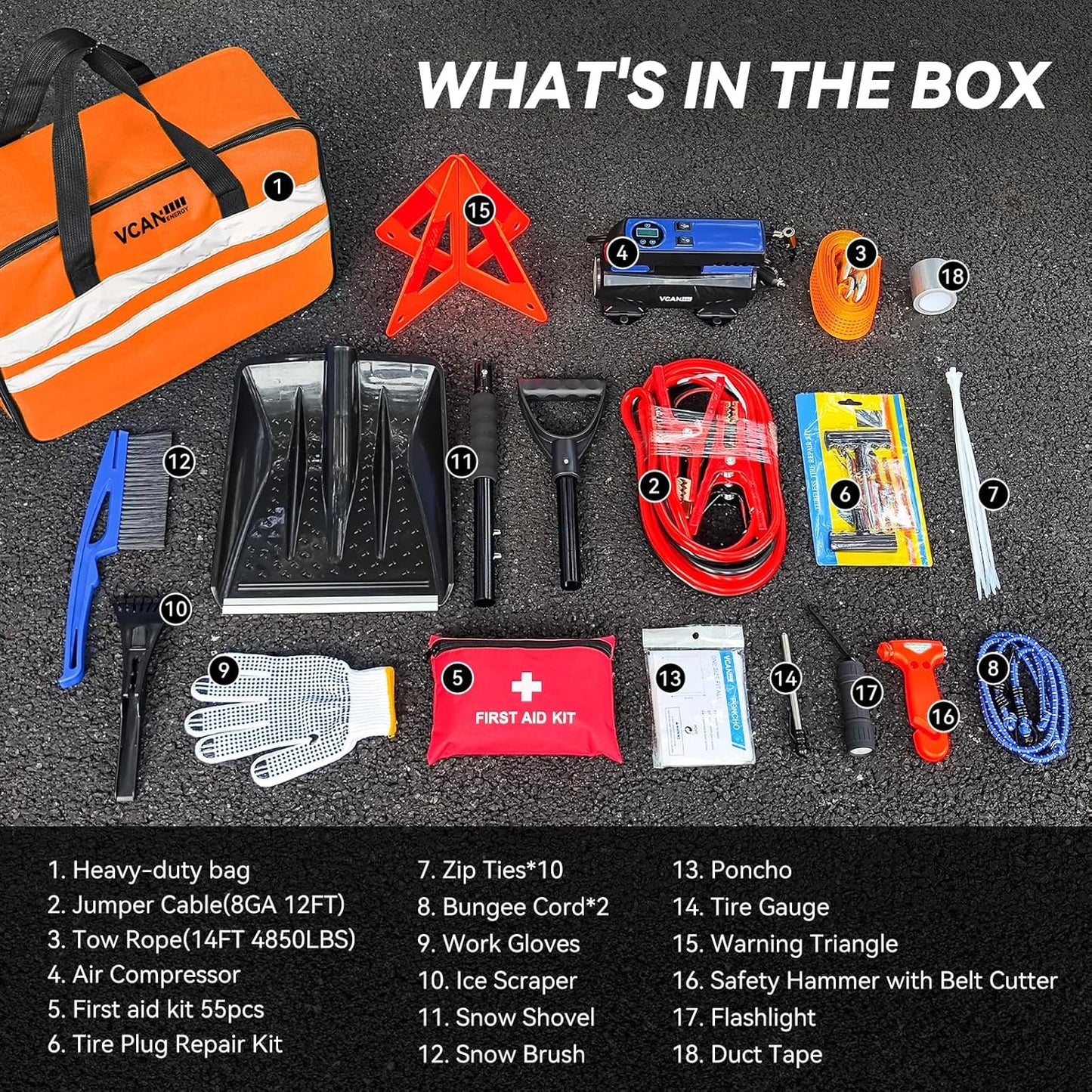 Car Emergency Kit with Portable Air Compressor, Winter Car Safety Roadside Assist Kit, Emergency Car Kit for Cars, Trucks