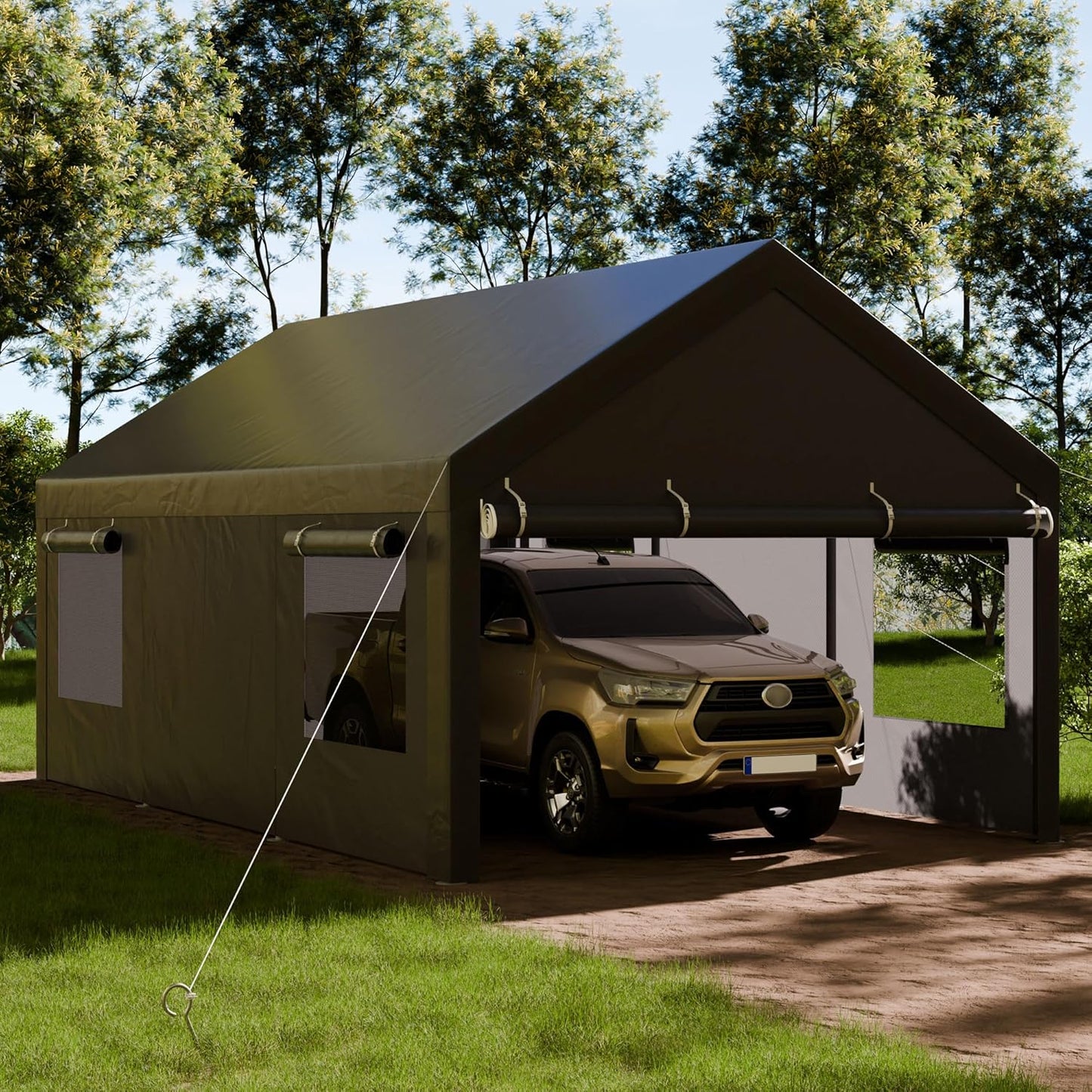 Shintenchi Carport 12' x 20' Heavy Duty Portable Garage, Carport Canopy with Side-Opening Door & Roll-Up Windows, Car Canopy for Truck,Car,Boat,Grey