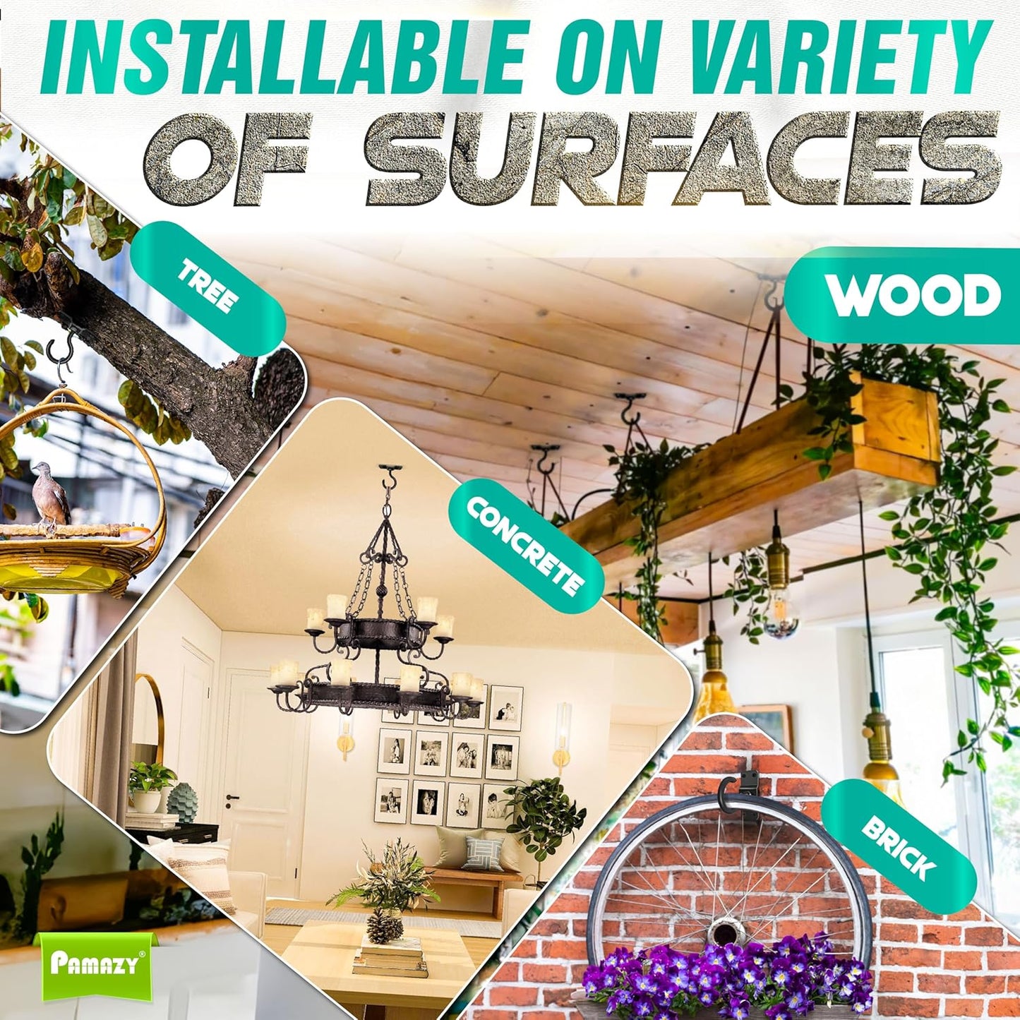 [Upgraded] 8Pcs 200LBS Rotatable Ceiling Hooks with 4 Screw Points Plate Base, Black Wall Mount Metal Hanger for Hanging Plants, Bird Feeders, Lanterns, Lights, Wind Chimes, Indoor Outdoor Decor