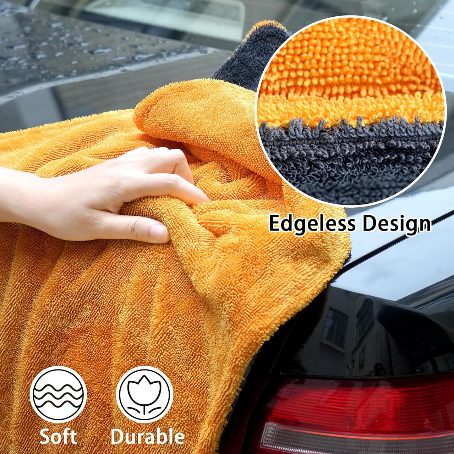 LIVOS Car Drying Towel, Premium Microfiber Towels for Cars, 1000GSM, Edgeless Twisted Loop Design, No Streaks, Scratches, or Water Spot, Absorbent Wash Towel, 18" x 24" (Yellow&Grey)