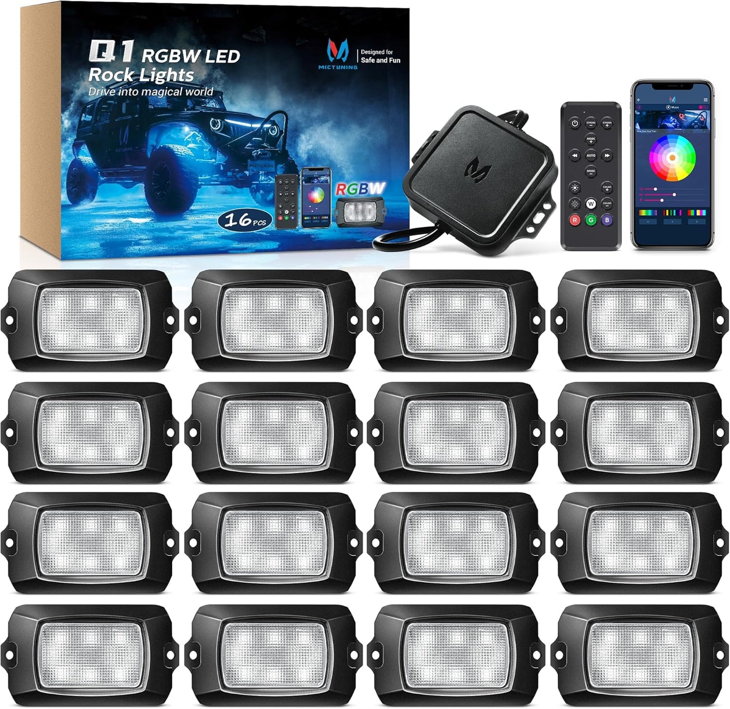 MICTUNING Q1 RGBW Rock Lights, 16 Pods Pure Color Underglow Neon Multicolor Lighting with Wiring Switch Kit, Bluetooth Controller, Remote Control, Music Mode for Trucks Car ATV UTV Golf Cart