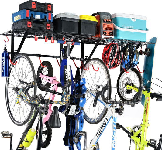 PLKOW Garage Wall Shelving, Wall Mount Bike Storage Rack with 8 Adjustable Bike Hooks, Heavy-Duty Bike Rack for Garage, 280 Lbs Load Capacity, 2-Pack