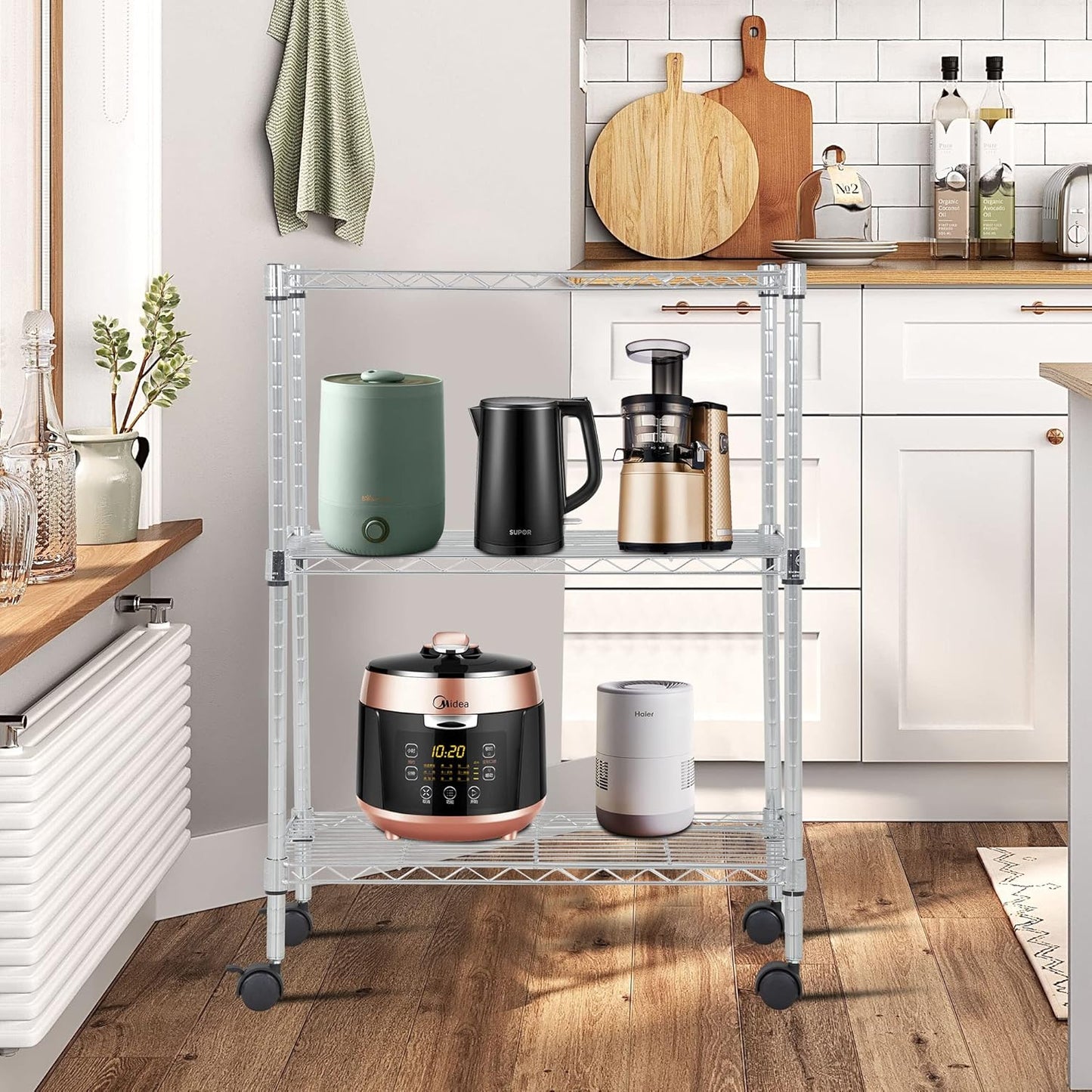 BestOffice 3-Tier Adjustable Wire Shelving Storage Shelves Heavy Duty Shelving Unit with Wheels for Small Places Kitchen Garage Balcony,Chrome