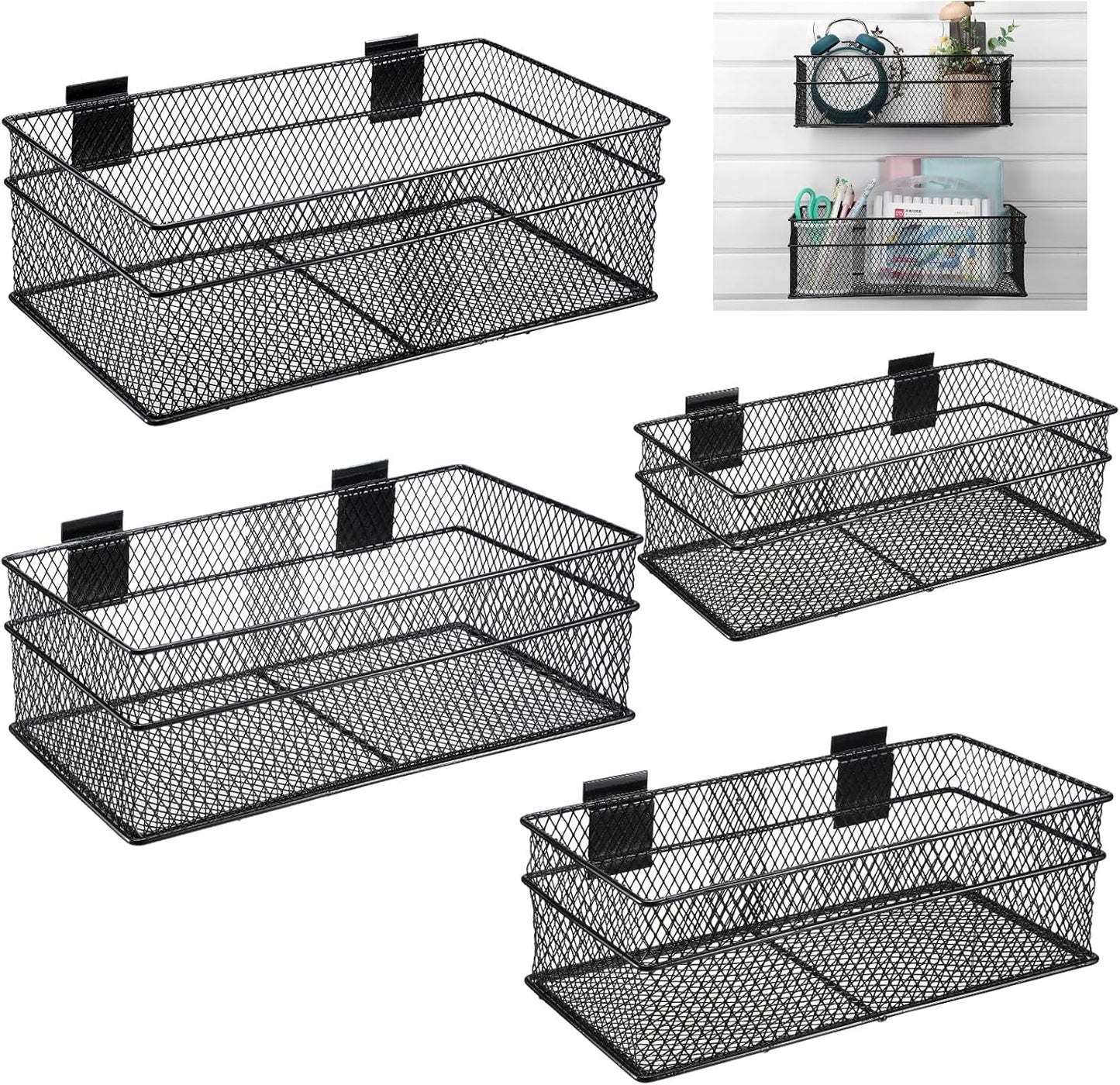 Barydat 4 Pcs Slatwall Basket Set Ventilated Metal Slatwall Basket Hanging Wire Bins Wall Mounted Accessories for Panel Garage Storage Display Organizing(Big Size,Black)