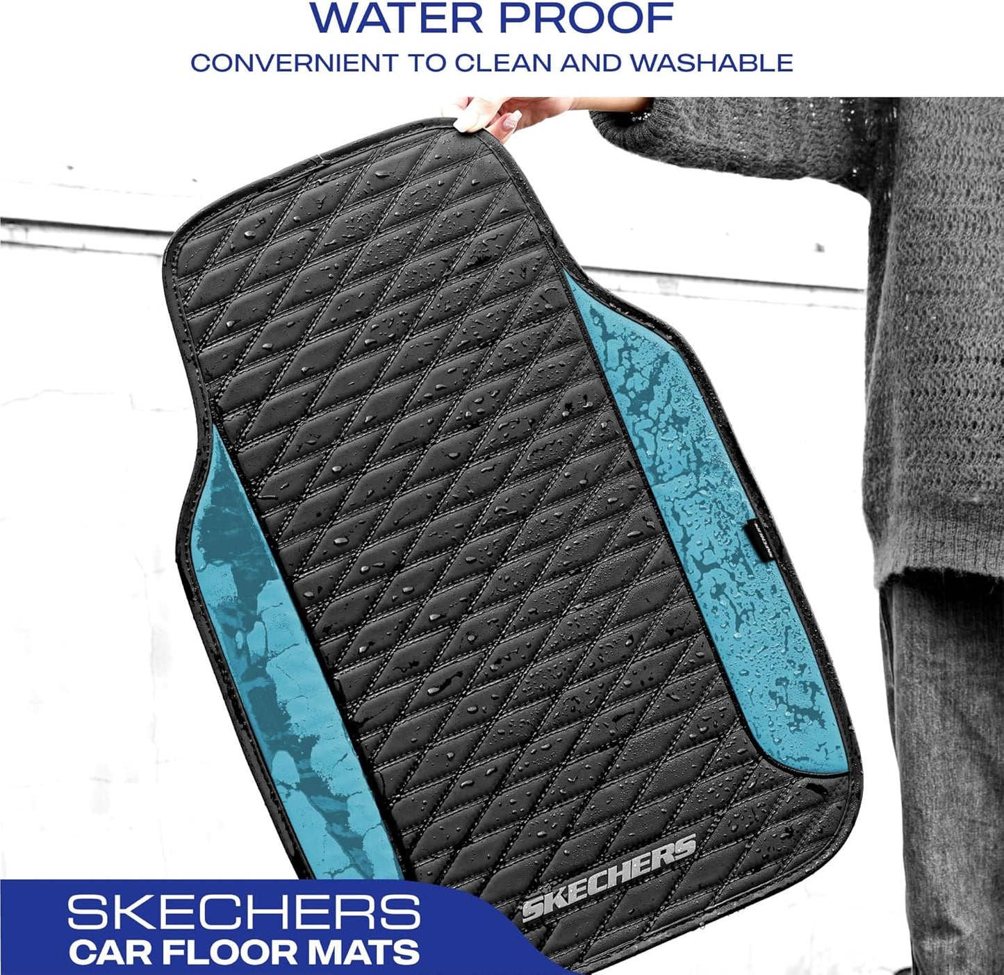 Skechers Leather Car Floor Mats with Anti-Slip Pad, Universal Waterproof Fit Automotive Floor Mats for SUV, Vans, Sedans, Trucks - Full Set 4pcs Blue