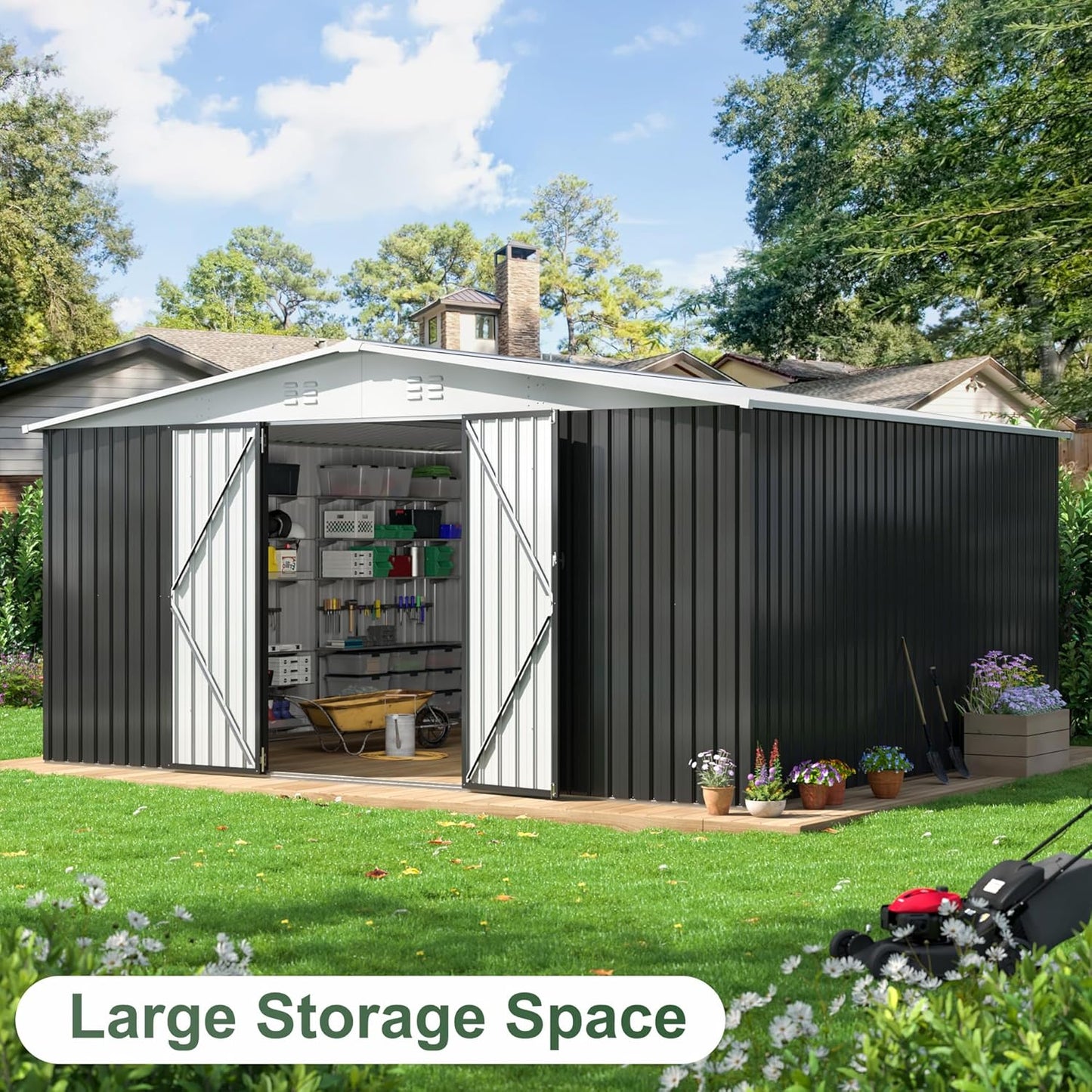 WKM 12x14 FT Outdoor Storage Shed, Utility Metal Tool Storage with Lockable Doors and Updated Frame Structure, Large Metal Garden Shed for Backyard, Patio Lawn, White