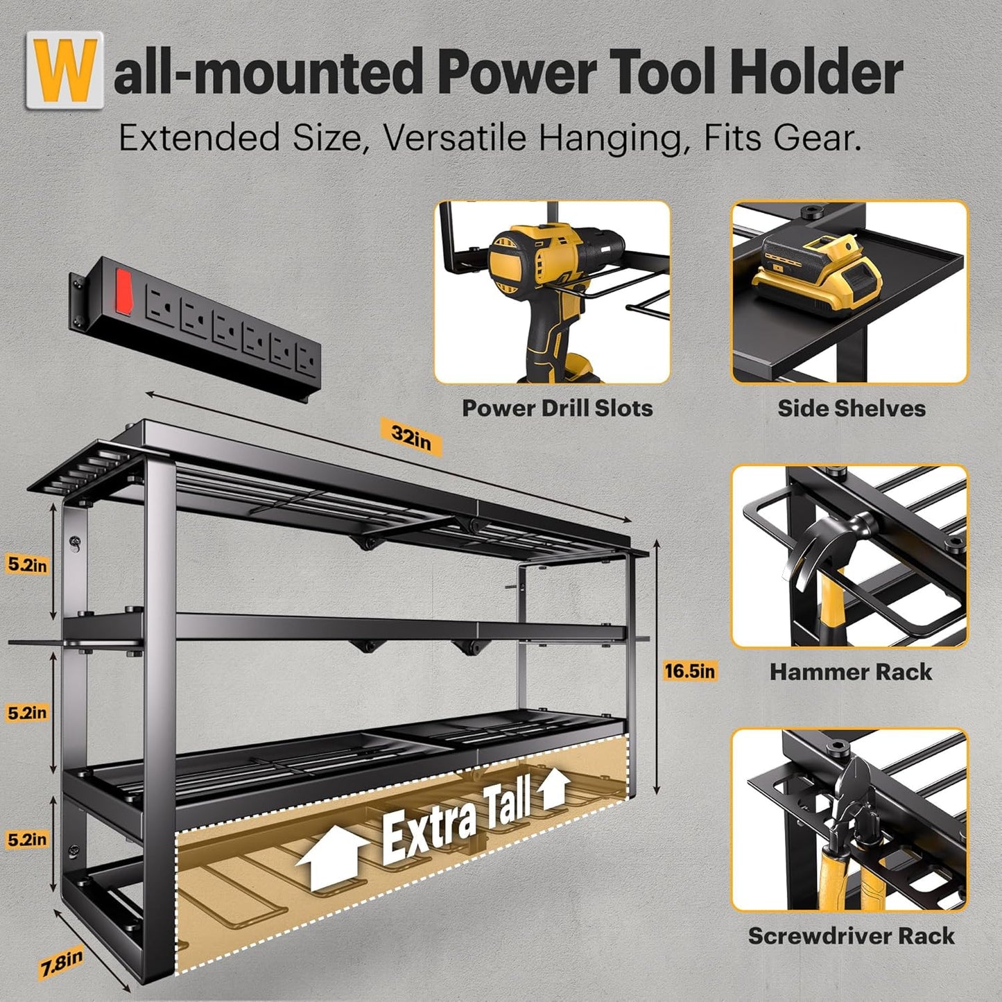 Power Tool Organizer Wall Mount with Charging Station, 4 Layer 8 Slots Cordless Drill Holder for Garage Storage, Utility Racks Max 420lbs Load With 6 Outlet Power Strip for Fathers Men Gift