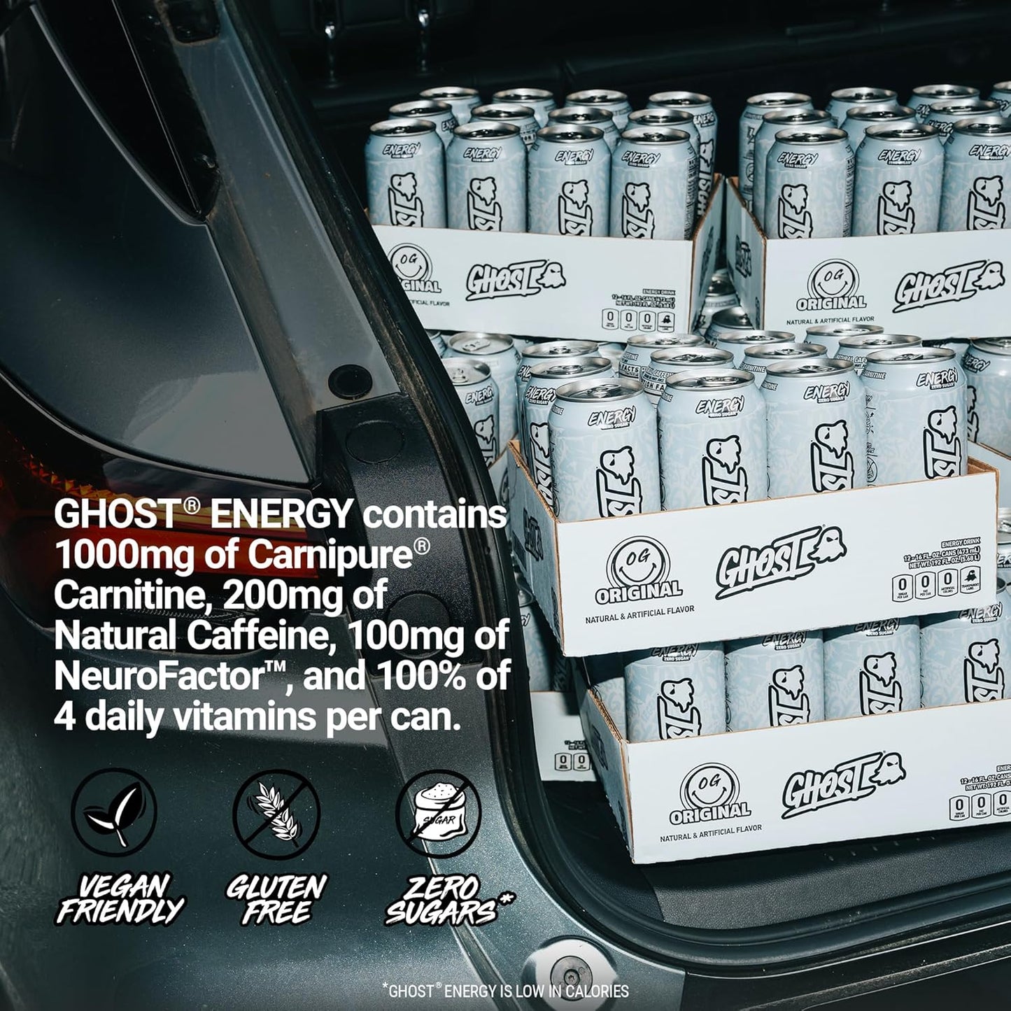 GHOST Energy Drink - 12-Pack, Original, 16oz - Energy & Focus & No Artificial Colors - 200mg of Natural Caffeine, L-Carnitine & Taurine - Gluten-Free & Vegan