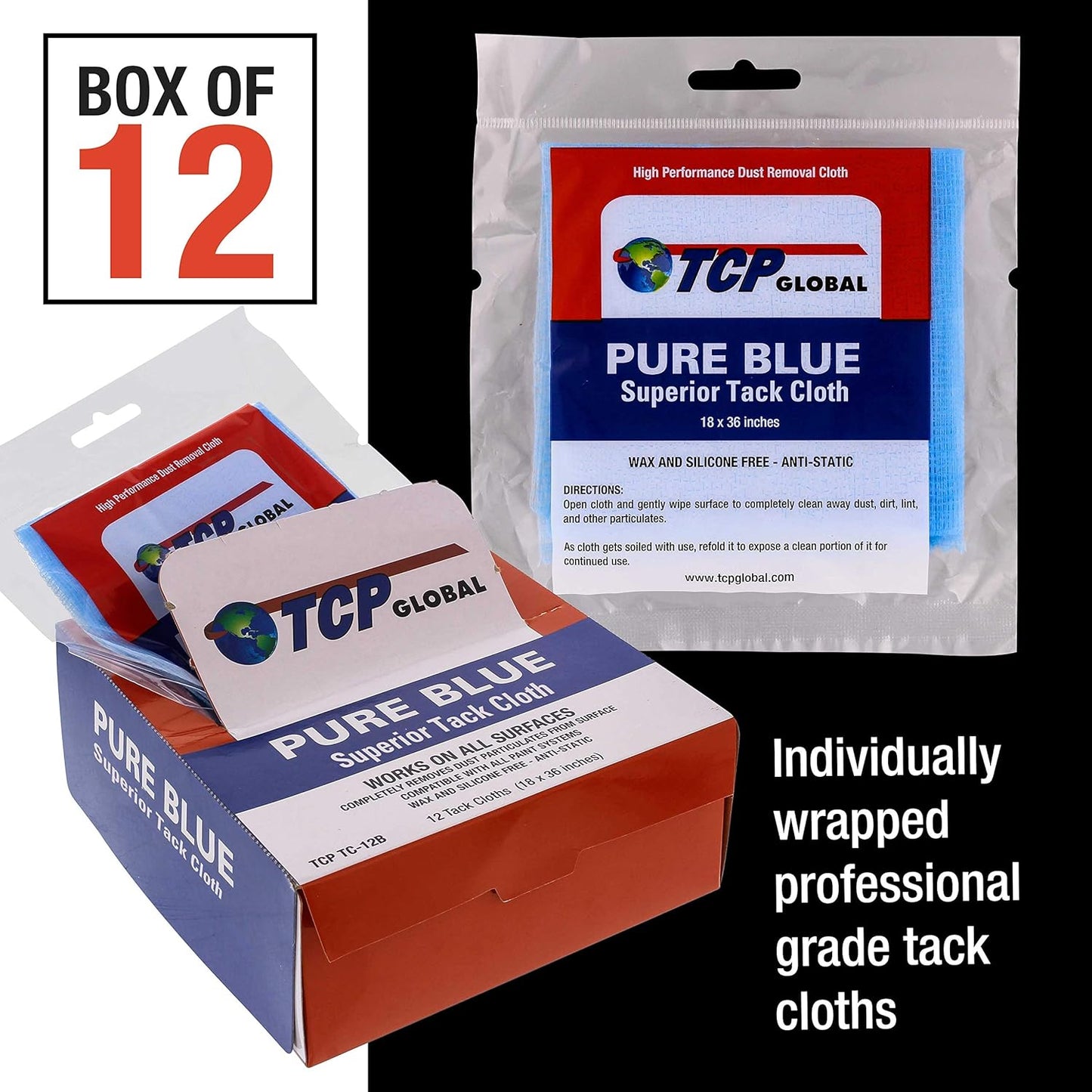 TCP Global Pure Blue Superior Tack Cloth, 12-Pack, Automotive & Woodworking, Dust/Stain/Paint Rags, Tac Cloth for Autobody