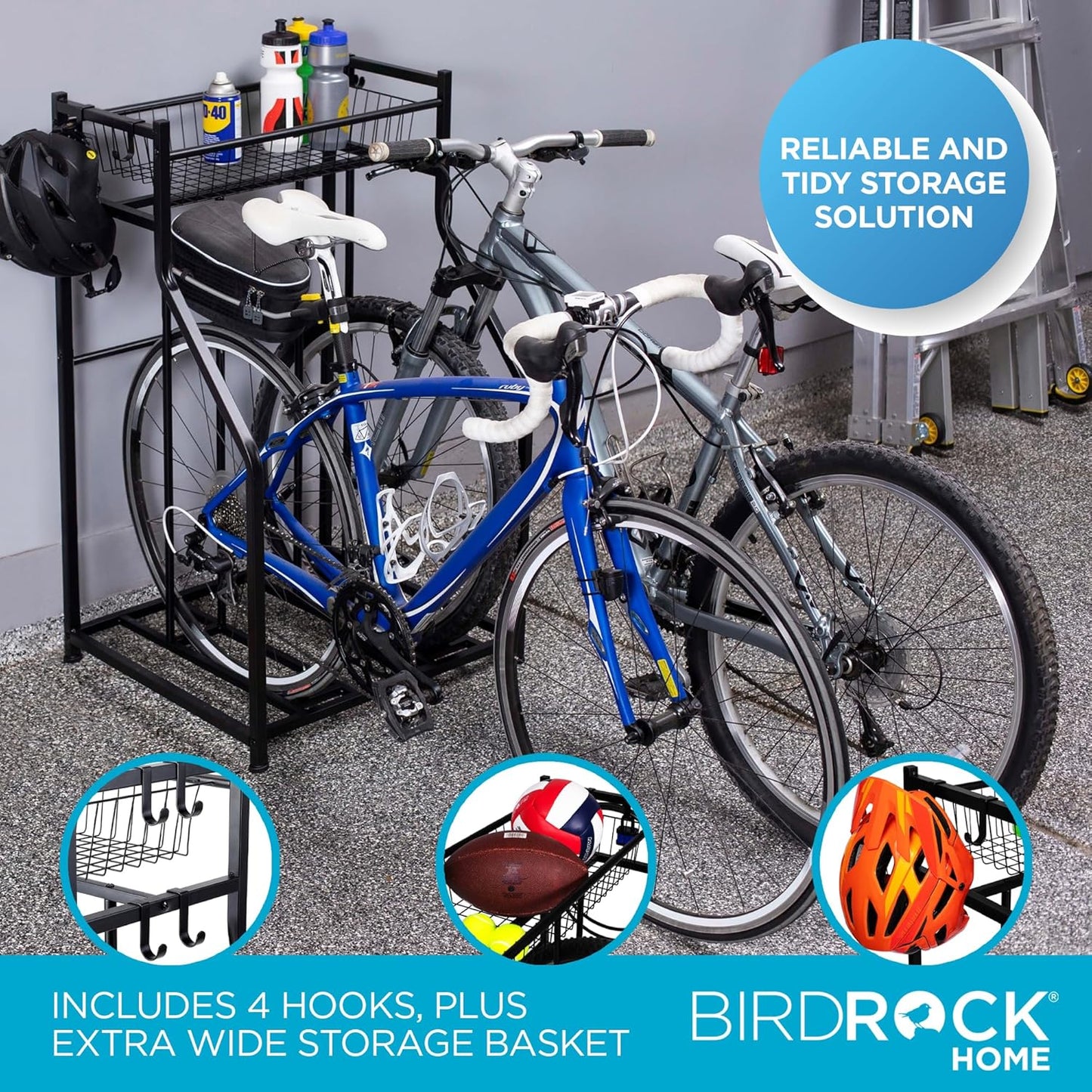 BIRDROCK HOME Bike Rack Garage Storage Floor Stand - Freestanding Organizer for Outdoor Yard - Upright Wall Mount for Scooters, Rakes, Motorcycles, Hoverboards, Gloves - Holds 2 Bicycle - Black