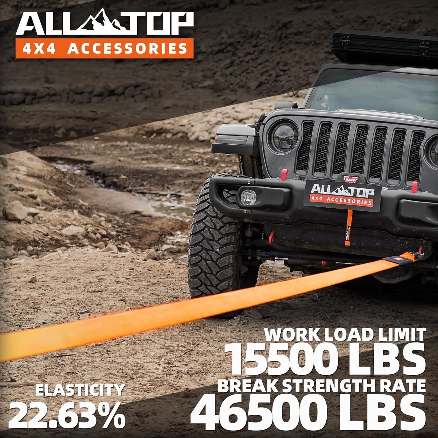 ALL-TOP Recovery Snatch Strap, 4in x 20ft - 46500Lbs, Extreme Duty 100% Nylon Kinetic Towing Recovery Strap with 22% Elongation & Reinforced Loops