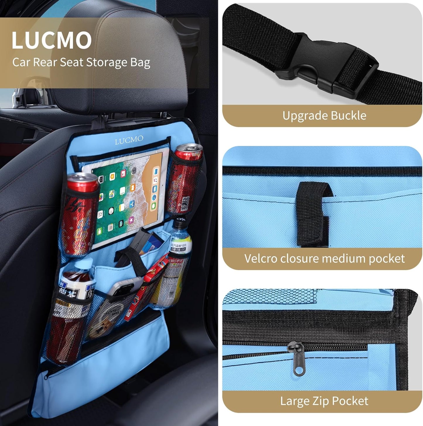 LUCMO Car Backseat Organizer with Touch Screen Tablet Holder-2 Pcs,9 Storage Pockets Car Storage Organizer Protectors Kick Mats Travel Accessories for Kids-Light Blue