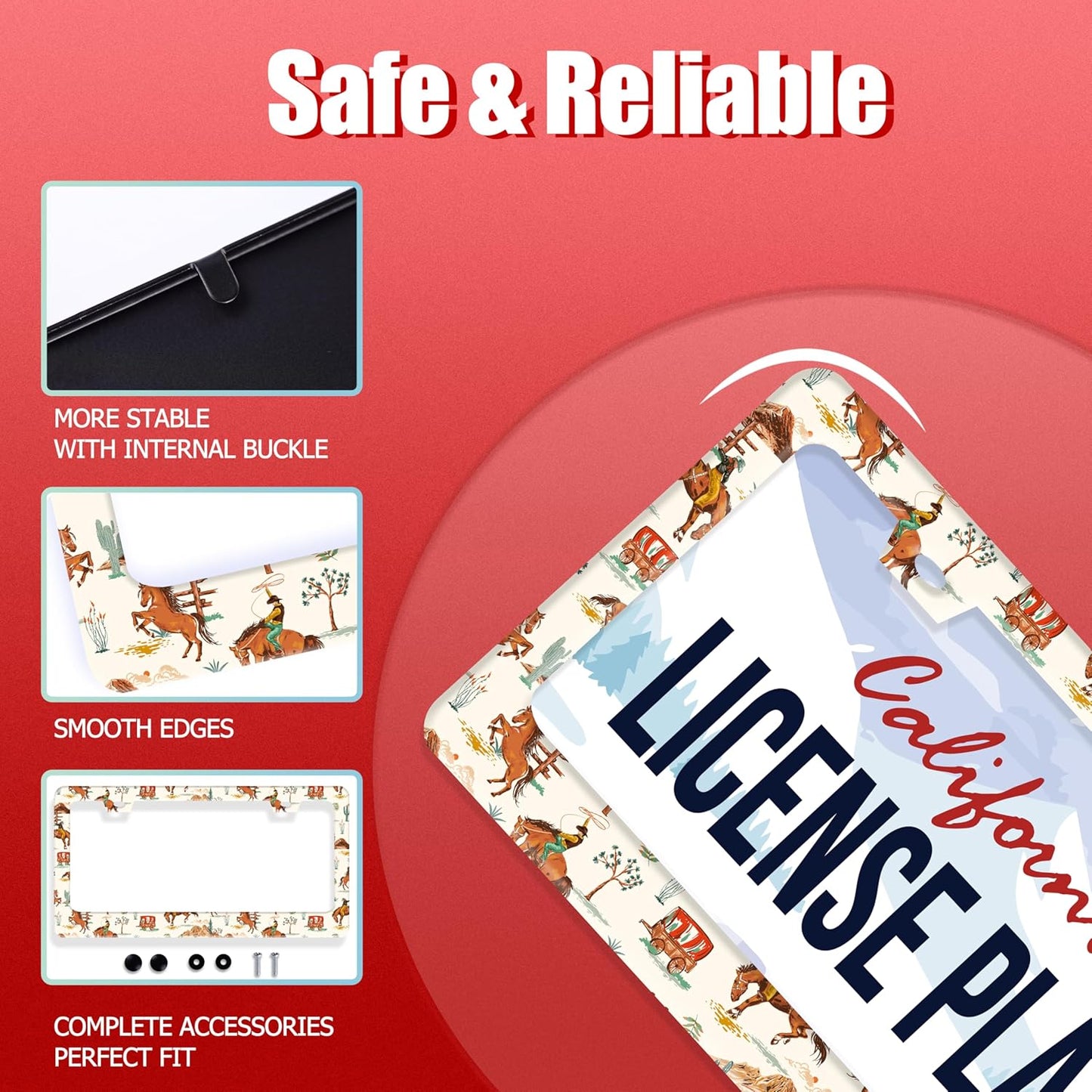 Western Cowboy License Plate Frame Horse Racing License Plate Holder Funny Personalise Car Stainless Stee Decorative Parts for Standard Us Canada Vehicles 12x6 Inch for Women Men