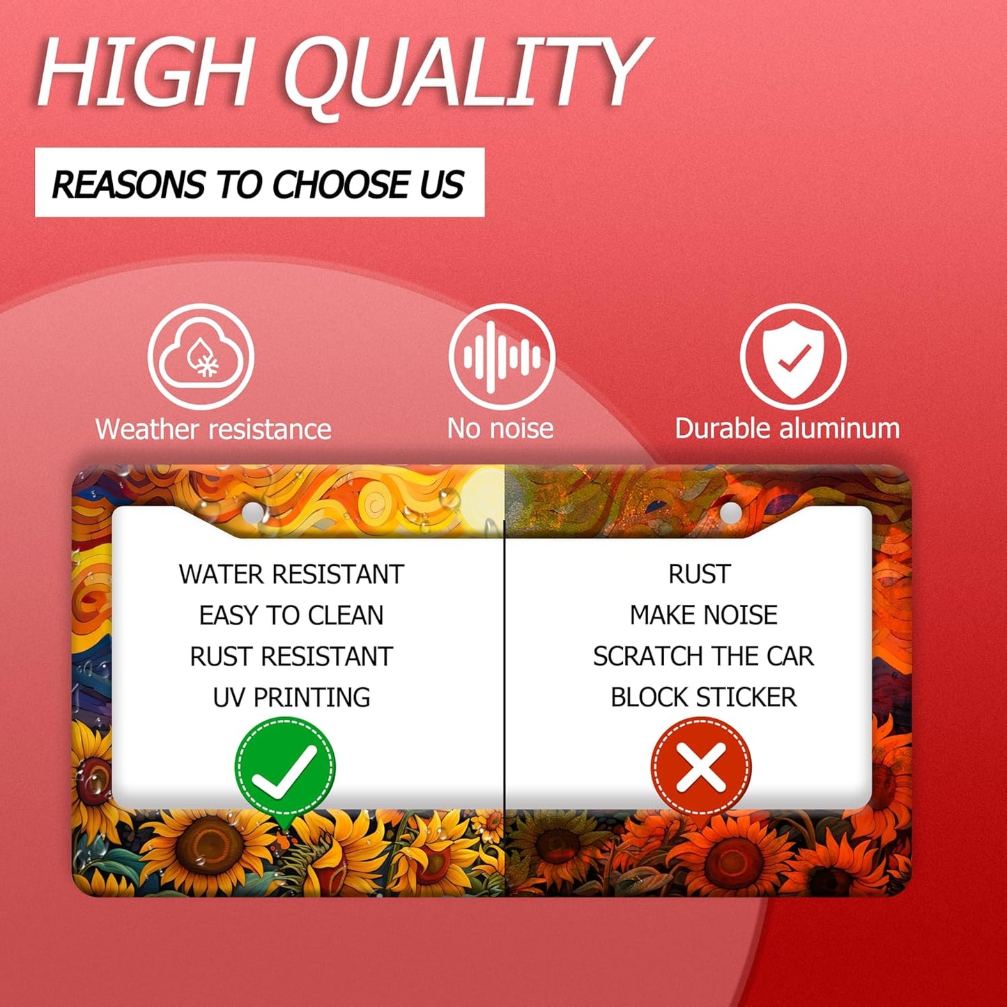 Sunflower Sun License Plate Frame Funny Yellow Flower License Plate Frames Stainless Steel Accessories Cars Decor with 2 Holes and Screws Fits Standard Us Ca Vehicles License Plate Holder 12.2 X 6 in