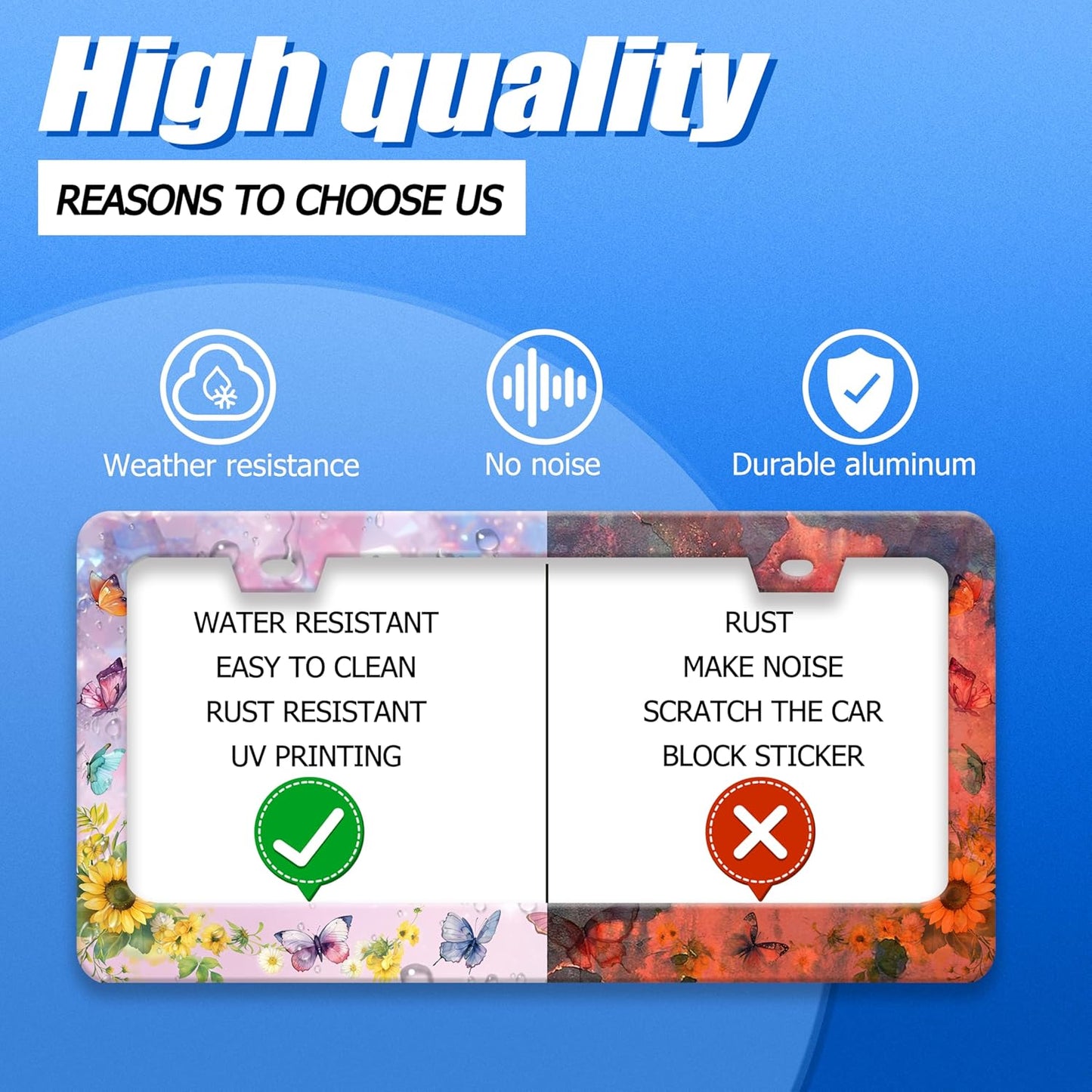 Beautiful Butterfly Sunflower License Plate Frame Yellow Floral License Plate Stainless Steel Funny License Plate Holder for Men Women Colorful Car Accessories Decoration 12.3" x 6.3"