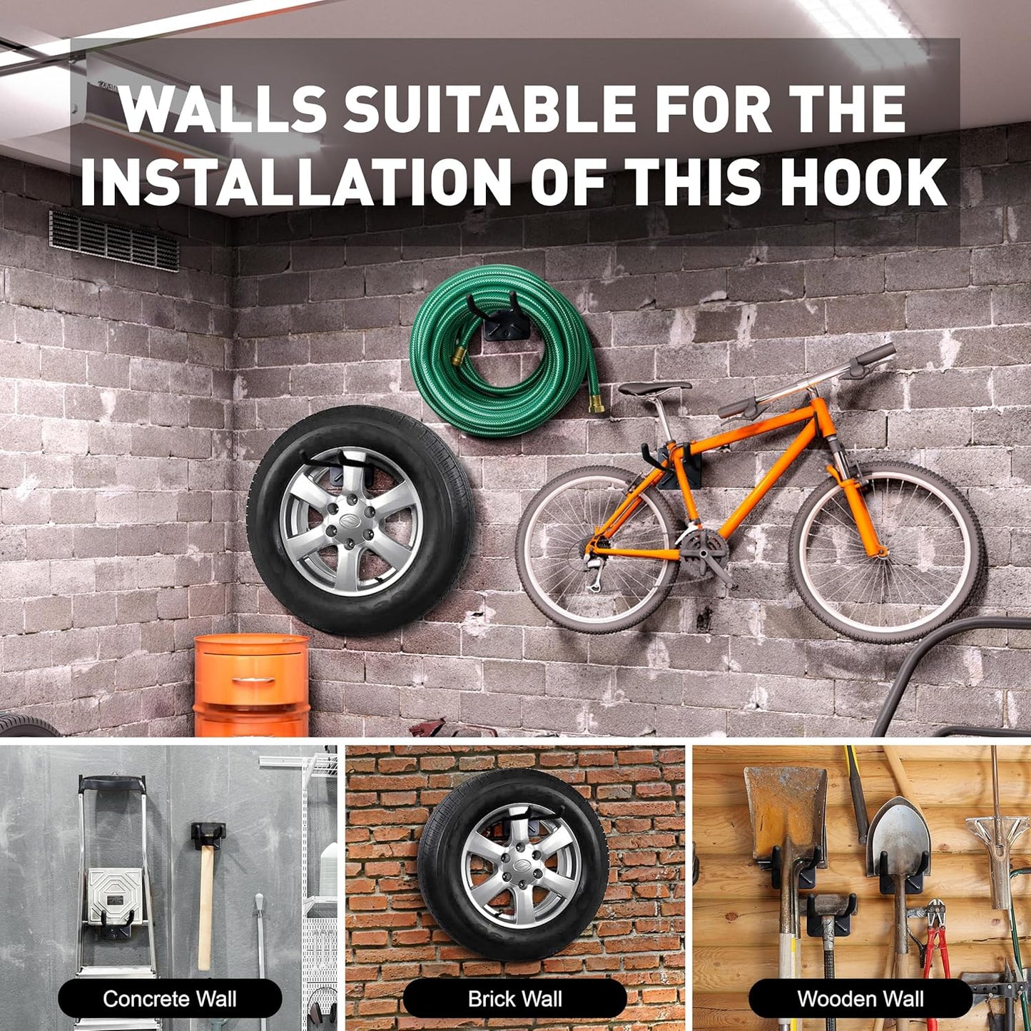 SMART JERRY - Garage Hooks Heavy Duty Tool Organizer │Wall Mount Hooks for Car Tires, Ladders, Chairs, Strollers & Power Tools │Garage Organization Hooks │4 Pack