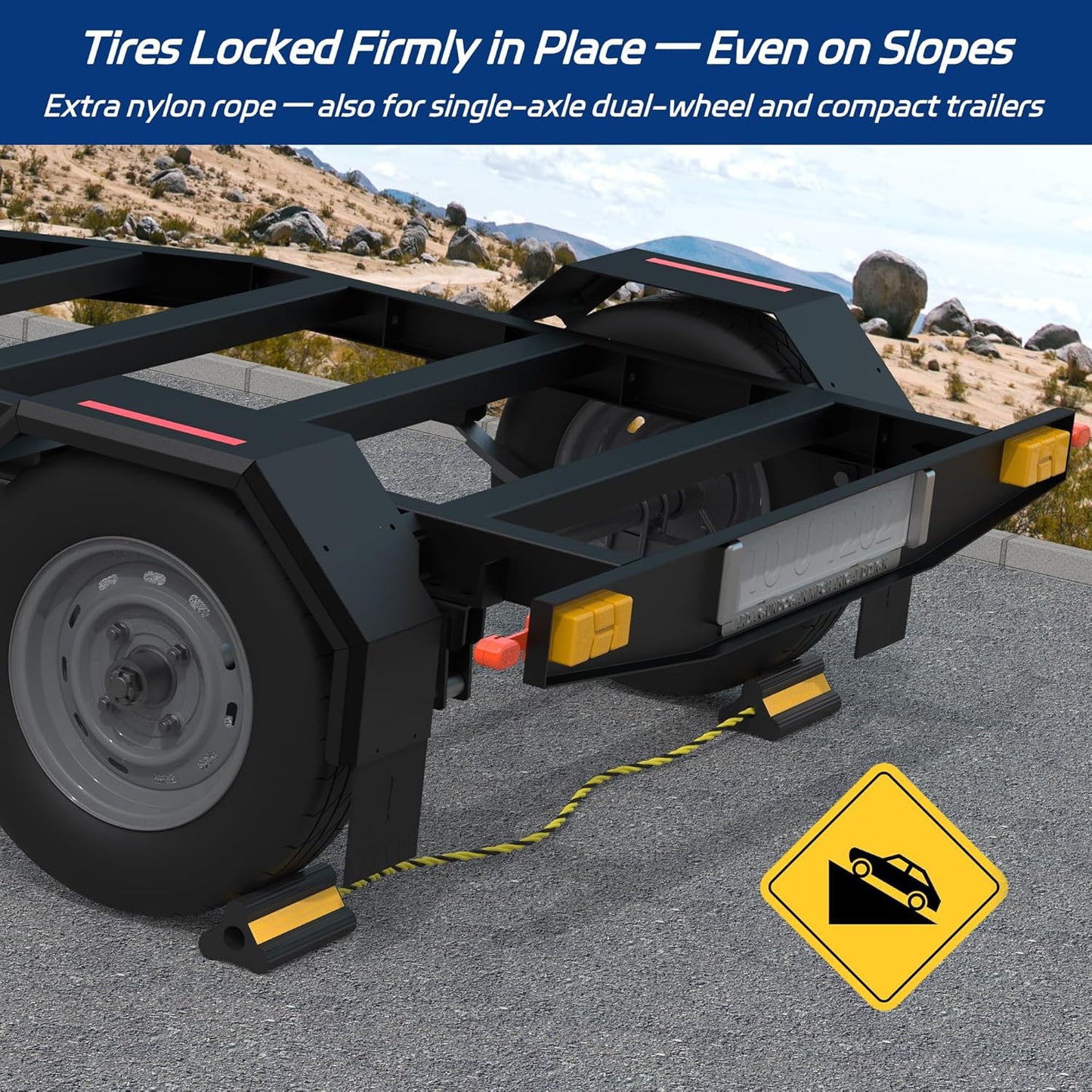 Heavy Duty Rubber Wheel Chock, Non-Slip Tire Stopper with Durable Nylon Rope, for Cars, Trucks, RVs, and Aircraft, 1 Pair