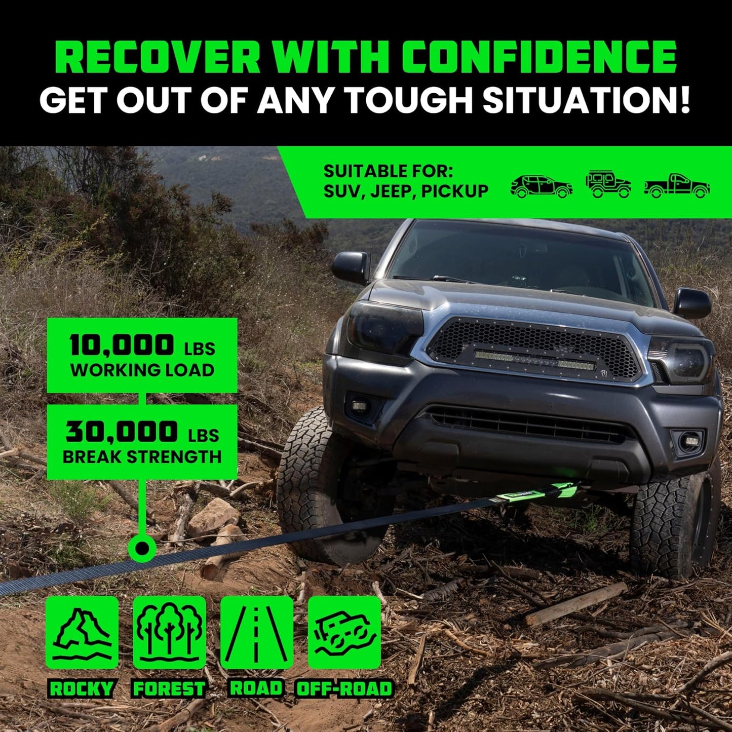 Rhino USA Recovery Tow Strap (3" x 20') - 31,518lb Break Strength - Emergency Recovery Strap Tow Rope for Truck, UTV, ATV & More - Heavy Duty Towing Strap for Offroad 4x4 Use - Compatible with Jeep