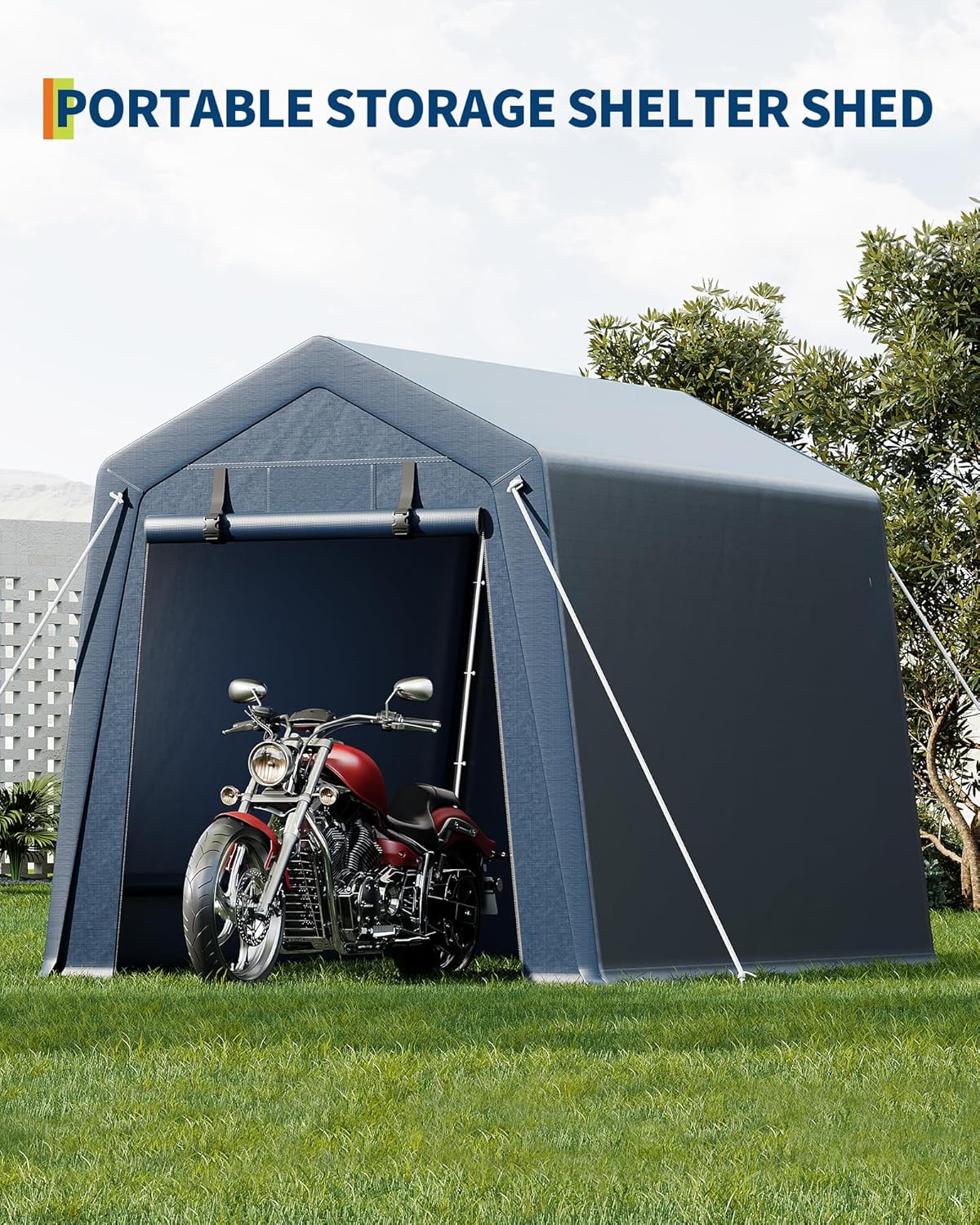 6x8 FT Motorcycle Shed, Durable Outdoor Motorcycle Storage Tent with Roll-Up Ventilated Zipper Door and Windows, Outdoor Garage Canopy for Motorcycle, Bike