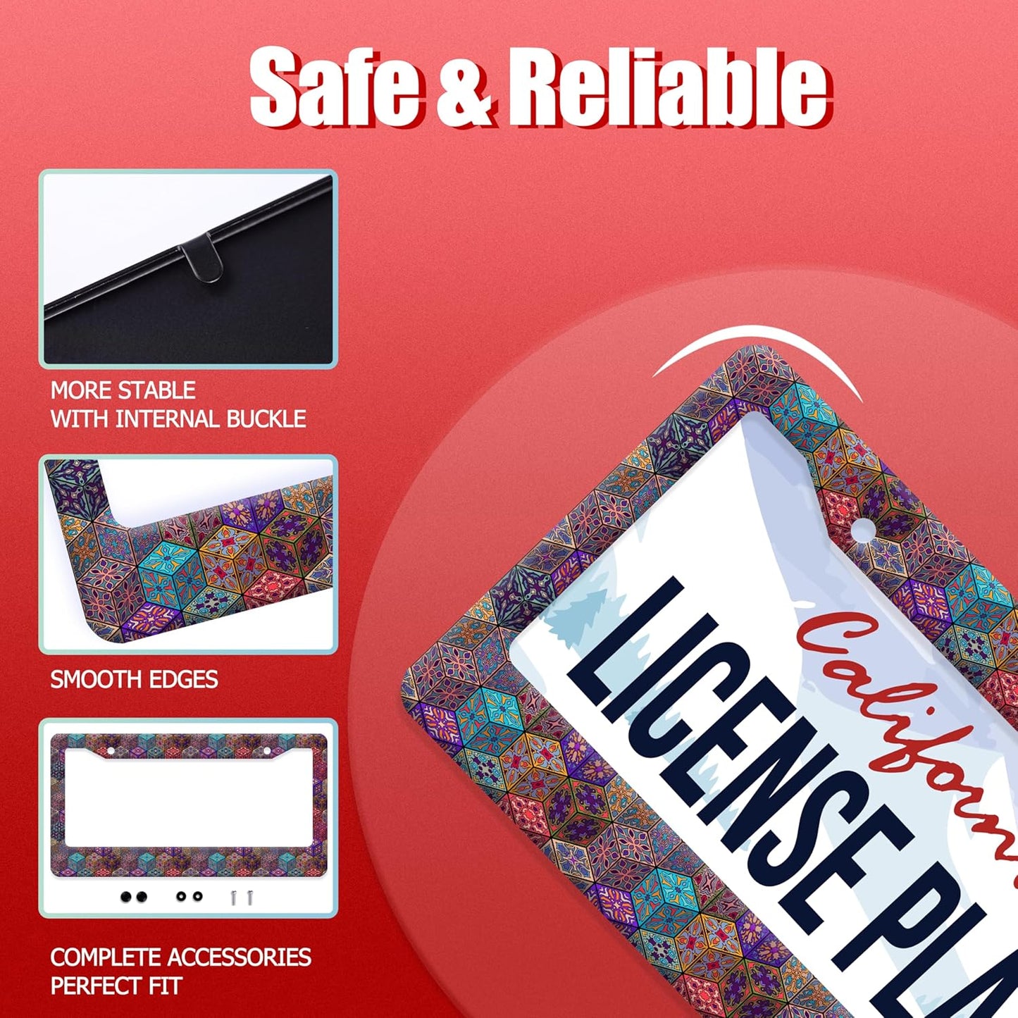 Mexican Tiles License Plate Frame Three-Dimensional Tiles License Plate Frames Stainless Steel Accessories Cars Decor with 2 Holes and Screws Fits Standard US CA Vehicles Size 12.2 x 6 Inches