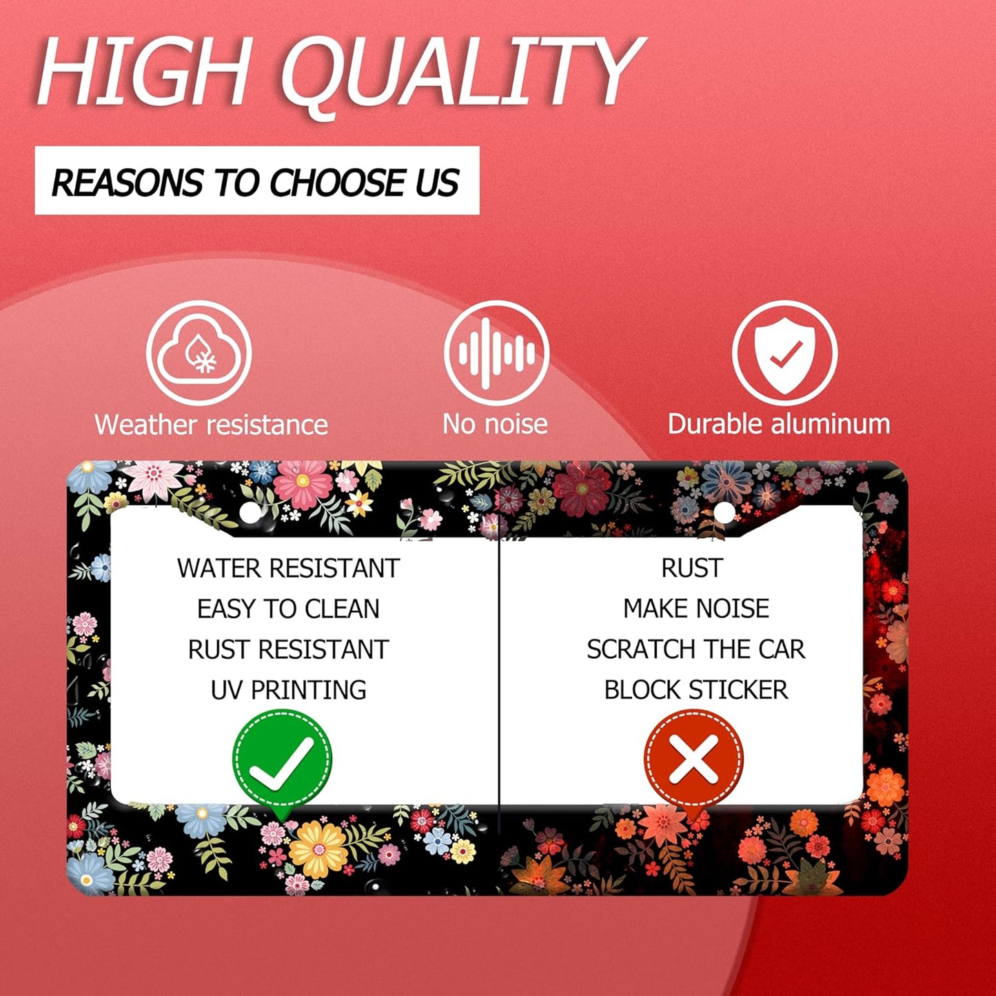 Colorful Flowers License Plate Frame Beautiful Floral License Plate Frames Stainless Steel Accessories Cars Decor with 2 Holes and Screws Fits Standard US CA Vehicles Size 12.2 x 6 Inches