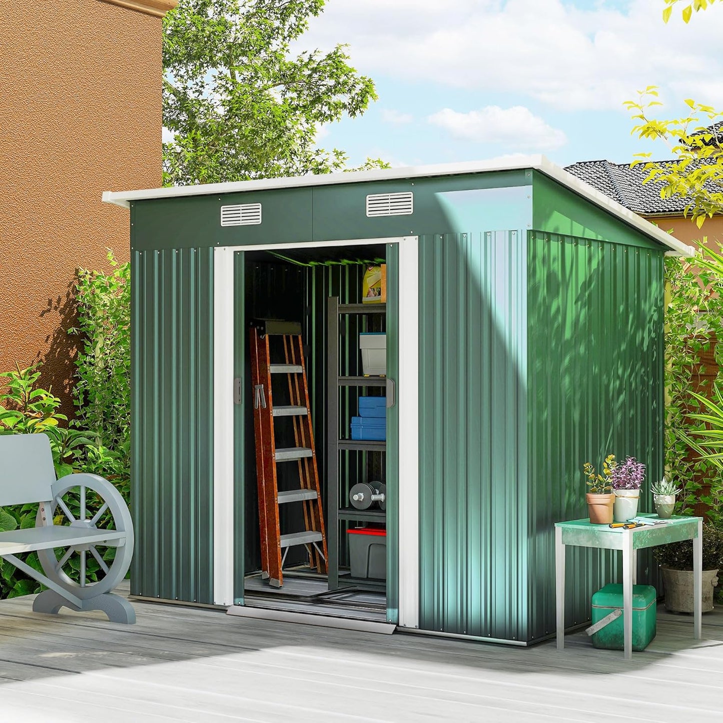 Outsunny 7' x 4' Outdoor Storage Shed, Metal Garden Tool House with Sloping Roof and Lockable Door for Backyard, Bike, Patio, Garage, Lawn, Dark Green