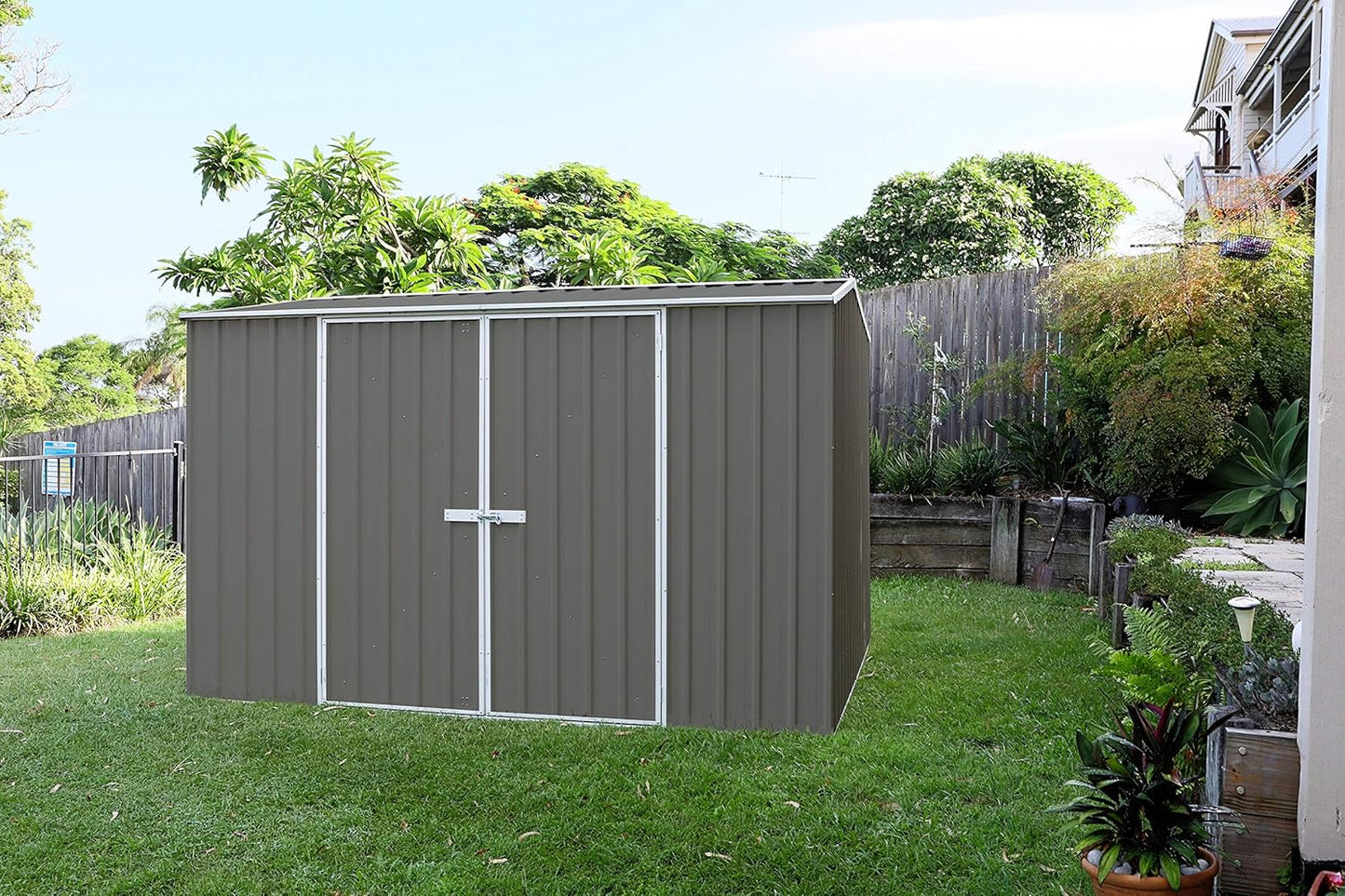 Absco Premier Storage Sheds, 10'x10' Metal Garage, DIY Backyard Shed, Utility Tool Storage, Weather & Wind Resistant Aluminum Panels & Steel Frame, Maintenance-Free, 12 Year Warranty, Woodland Gray