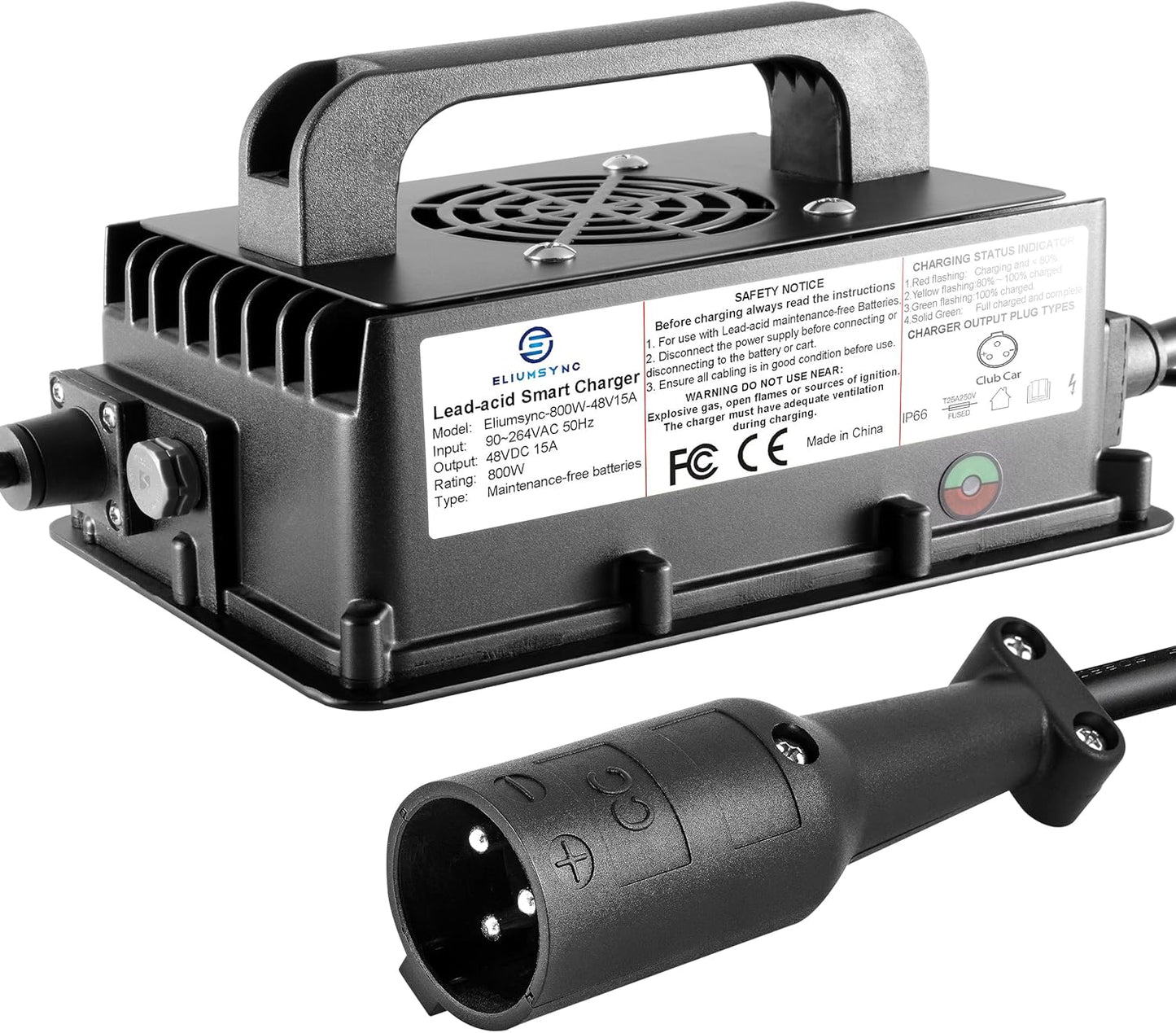 800W Lead Acid Battery Charger 48 Volt 15 AMP 3-Pin Round Plug Club Car Golf Carts