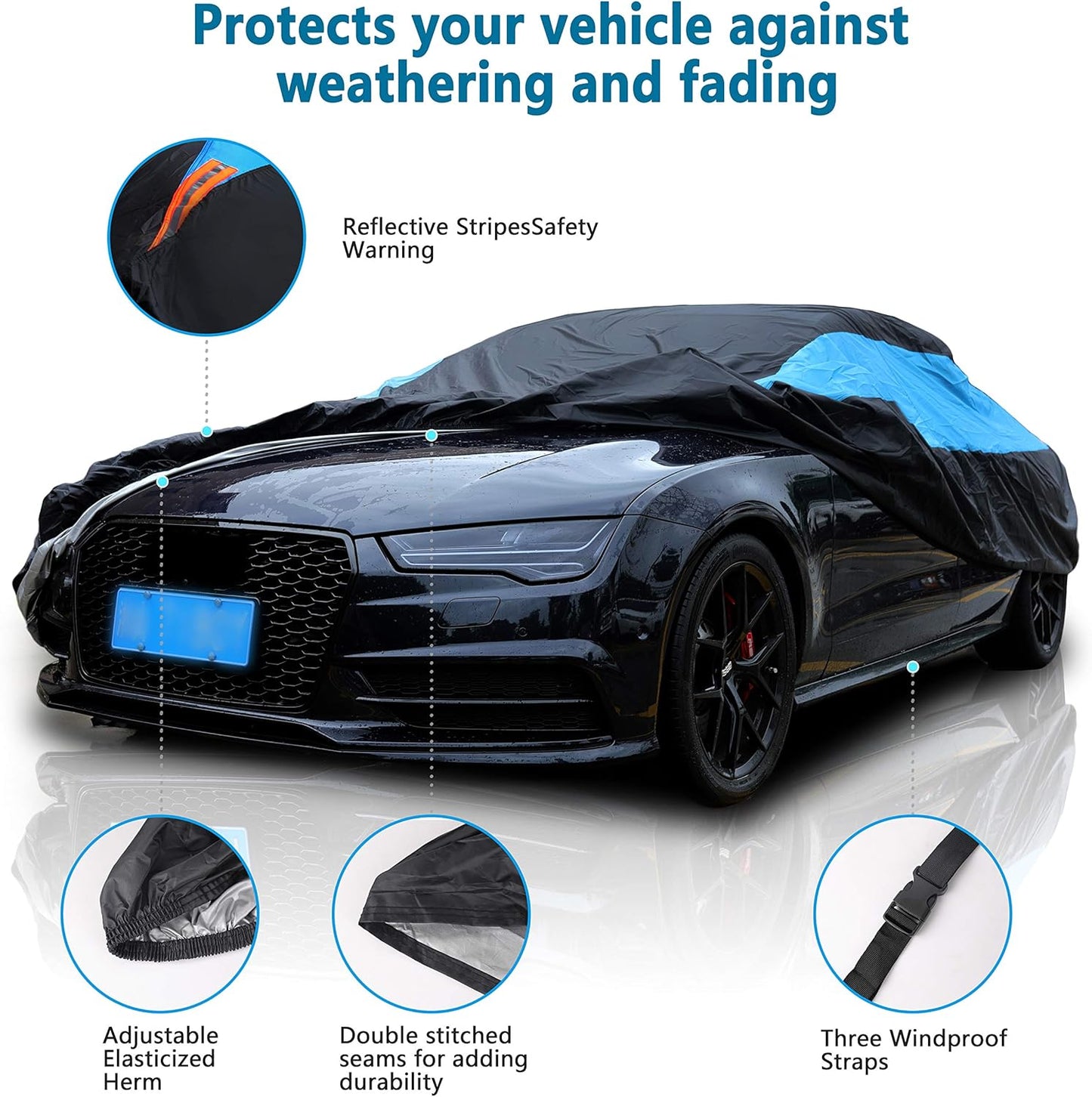 MORNYRAY Waterproof Car Cover All Weather Snowproof UV Protection Windproof Outdoor Full Car Cover, Universal Fit for Coupe/Cabrio (Length 204-217 Inch, Blue)
