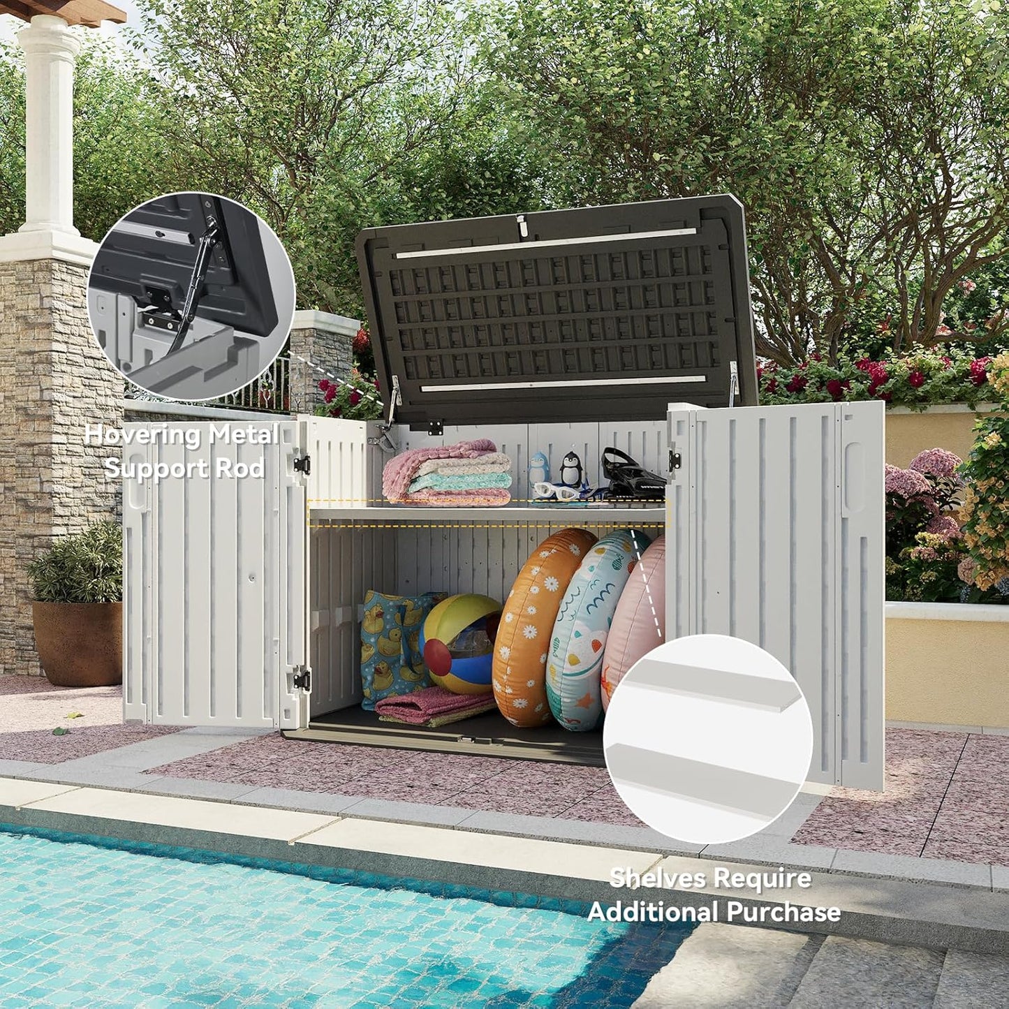 Aoxun 35 Cu.Ft Outdoor Storage Shed, Waterproof Horizontal Resin Cabinet for Trash Cans, Lawn Mowers, Generators, and Garden Tools, White