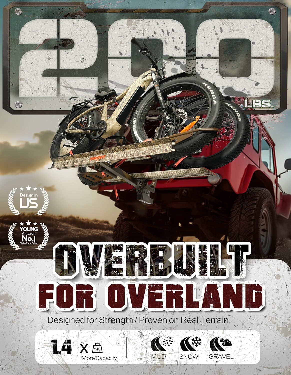 Young Hitch Bike Rack for 2 E-Bikes, Heavy Duty Platform Carrier, 200lbs Capacity, Foldable, Fat Tire, Electric Bike, Hitch Mount, SUV, Truck, RV, Car, 2" Receiver, Anti-Wobble, Camo