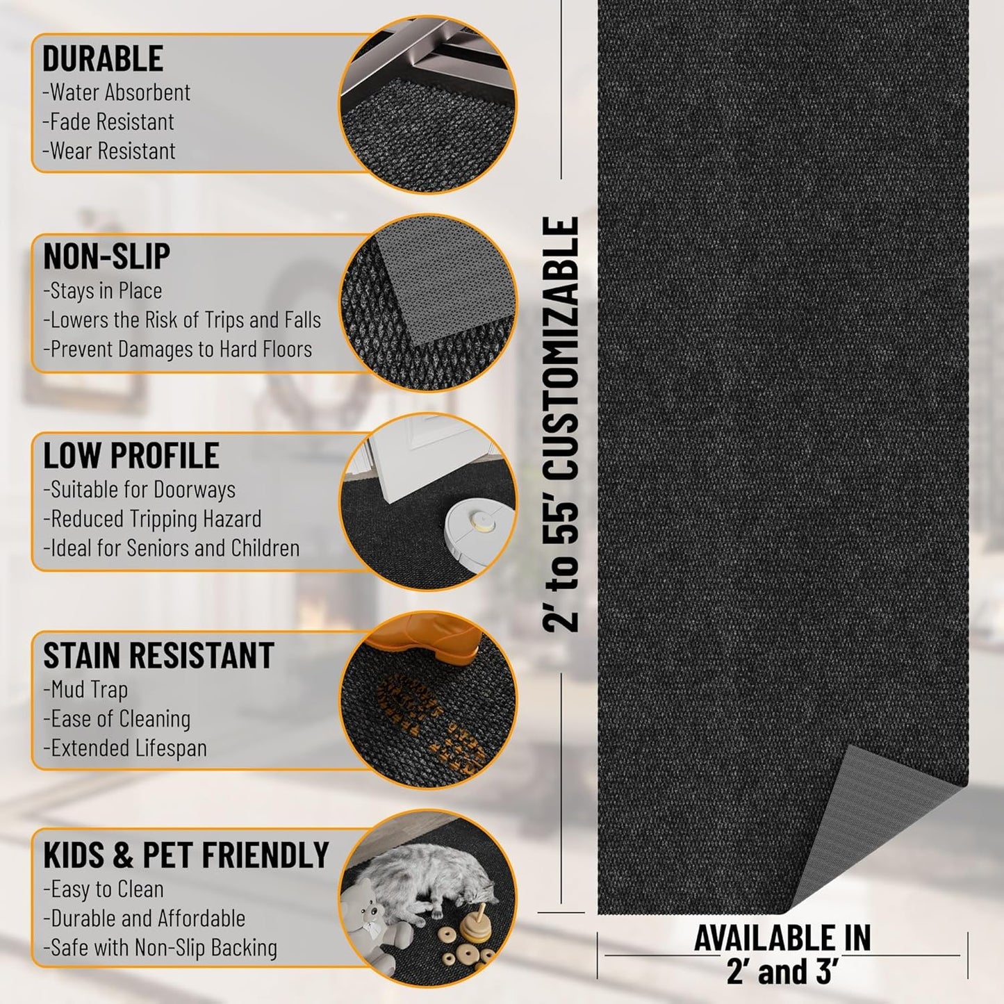 Ottomanson 2' x 38' Hallway Runner with Scraper Pile Extra Durable Non-Slip Rug Mat for Indoor & Outdoor Use - Ideal for Kitchen, Entryway, Patio & Garage - High-Traffic Carpet, Black