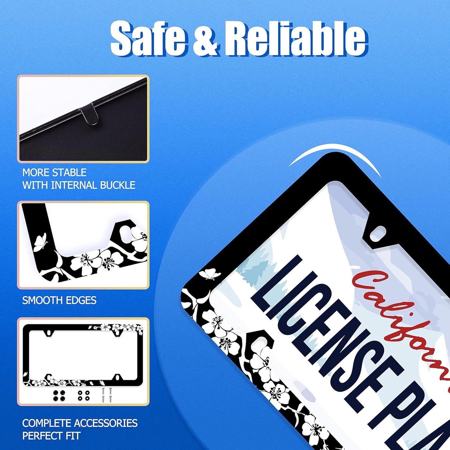 【2Pcs】 Black White Cherry Blossoms License Plate Frame Floral Flowers License Plate Stainless Steel Parts Colorful License Plate Decorative with Screws Size 12.3" x 6.3" Men Women