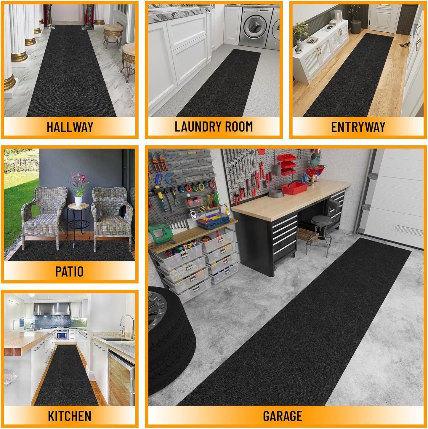 Ottomanson 2' x 43' Hallway Runner with Scraper Pile Extra Durable Non-Slip Rug Mat for Indoor & Outdoor Use - Ideal for Kitchen, Entryway, Patio & Garage - High-Traffic Carpet, Black