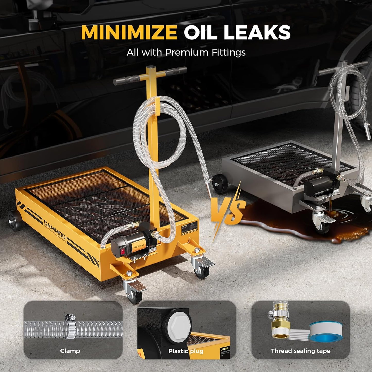 15 Gal Electric Oil Drain Pan, 110V High-Flow Pump, 9.8 FT Hose, 200 W Motor, 2 Locking Swivel Casters and 2 Directional Wheels Stable, Folding Handle, Heavy-Duty for Trucks, RVs, SUVs, Yellow