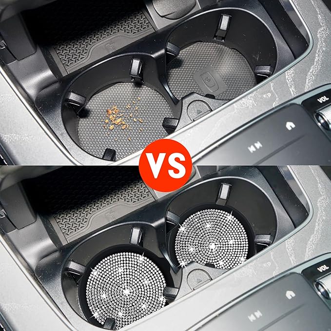 Amooca Car Cup Coaster Universal Non-Slip Cup Holders Bling Crystal Rhinestone Car Interior Accessories 2 Pack Black Whole Rhinestone