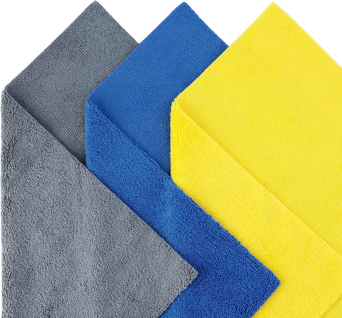 POLYTE Microfiber Cleaning Towel Ultrasonic Cut Edgeless (16x16, 24 Pack, Premium, Blue,Gray,Yellow)