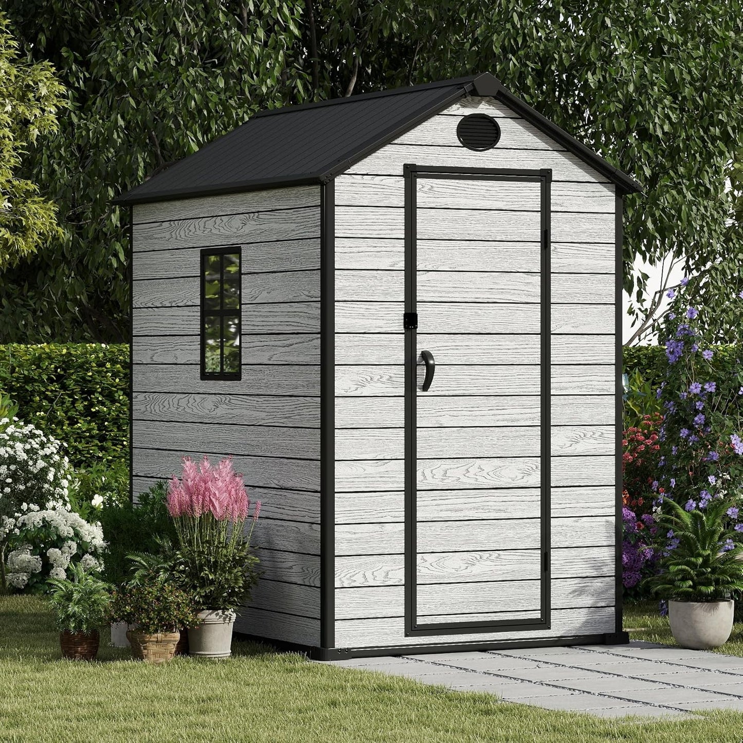 4.4x6 FT Resin Outdoor Storage Shed Large, 230 Cuft Garden Tool Sheds & Outdoor Storage Plastic Shed with Floor, 7FT Tall Backyard Outside Lawn Mower Storage Shed with Side Window, Cemented Grey