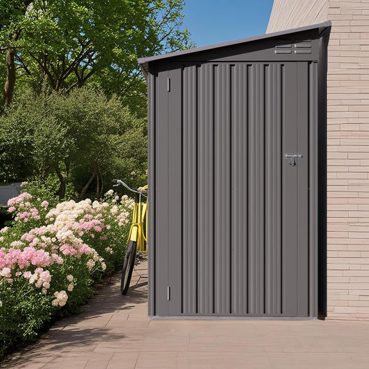 4x9 FT Outdoor Storage Shed,Lean to Metal Shed W/Window,All Weather Waterproof Garden Storage Shed W/ 6 Air Vents & 1 Lockable Door,Weatherproof Tool House W/Sloped Roof,for Lawn,Gray