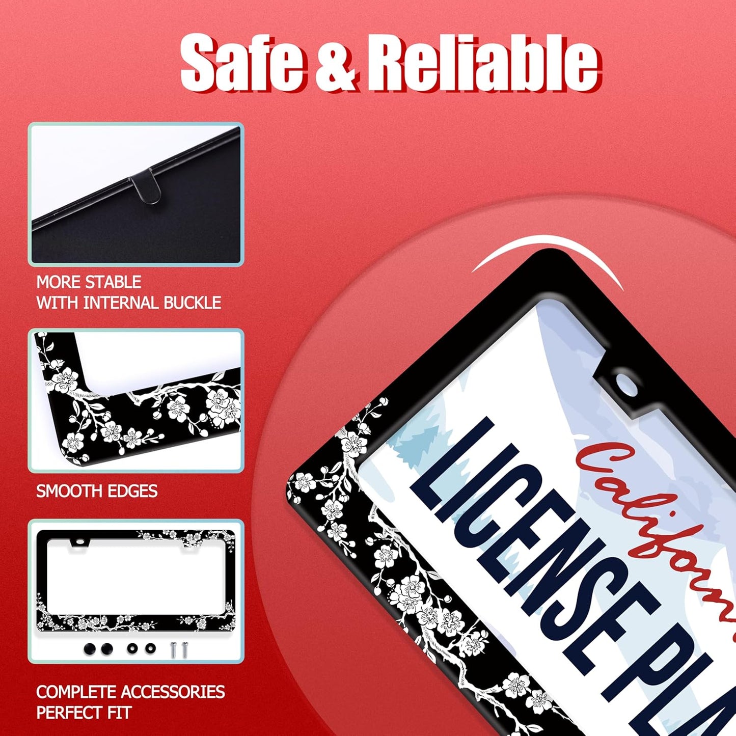 Cherry Blossoms License Plate Frame Beautiful Floral License Plate Frames for Car Decorative Parts Stainless Stee License Plate for Standard Us Canada Funny License Plate Holder 12x6 in for Men Women